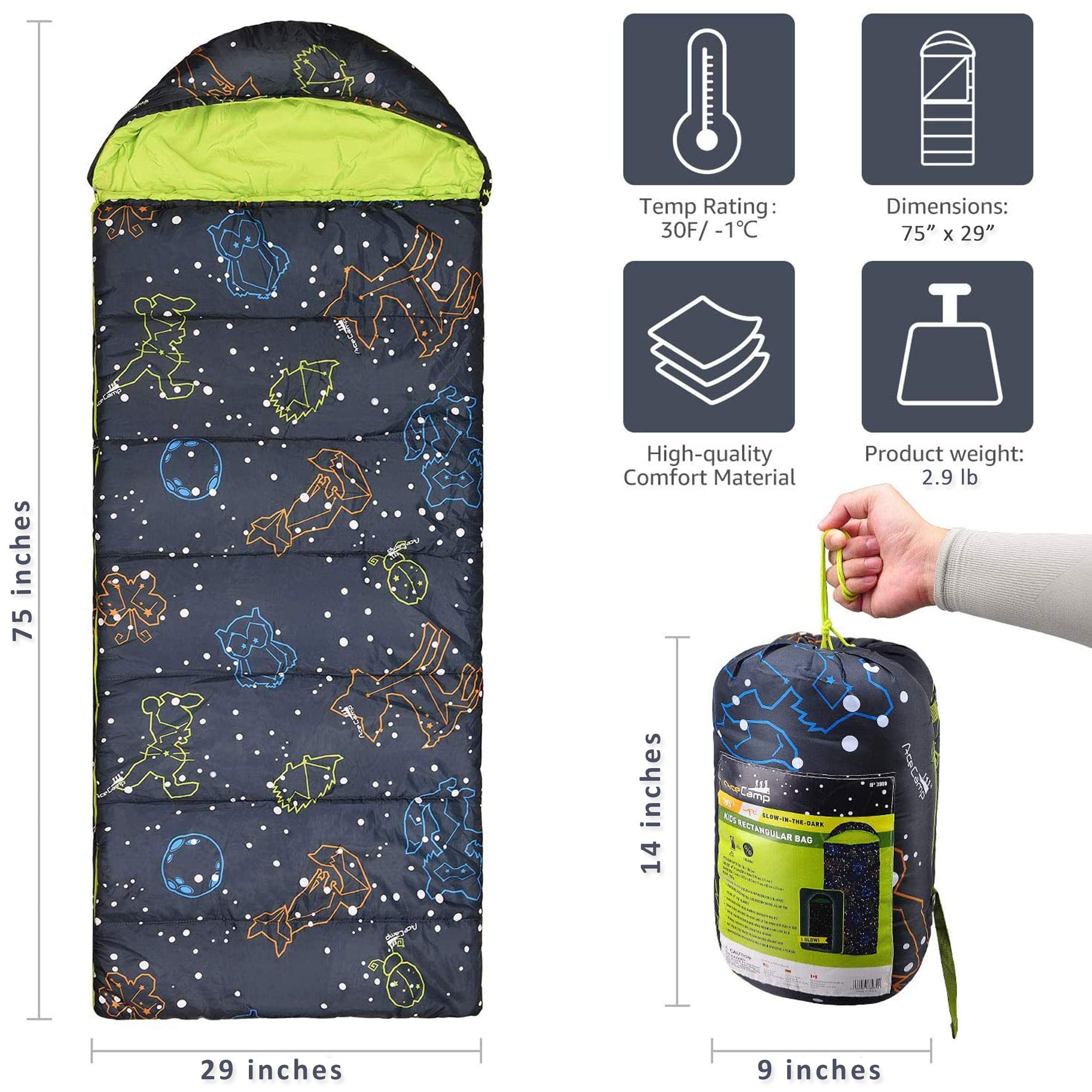 AceCamp glowing sleeping bag at night charged by light creating comforting star ambiance