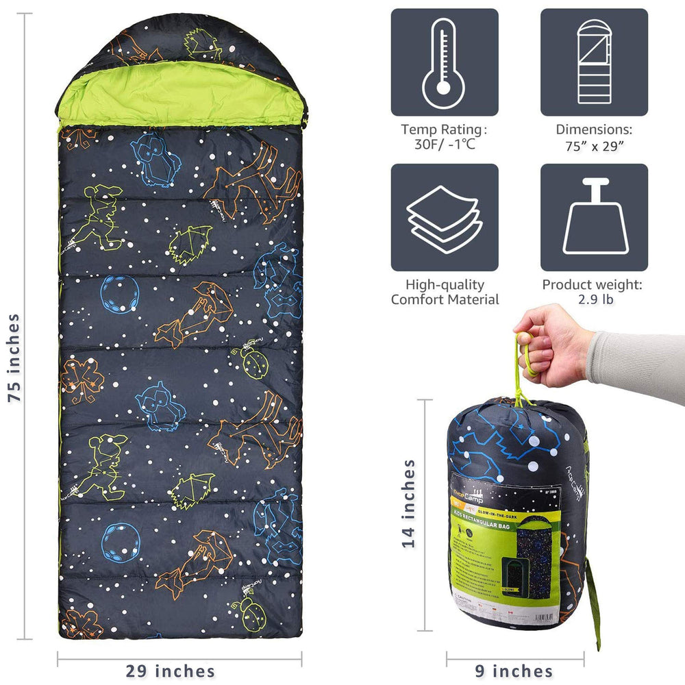 AceCamp glowing sleeping bag at night charged by light creating comforting star ambiance