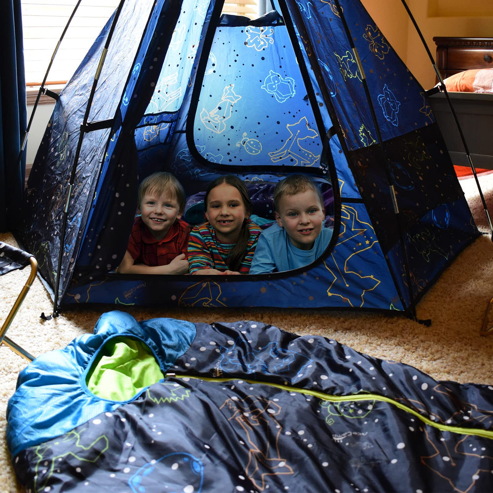 AceCamp glowing sleeping bag inside a tent at night showing easy location and kid delight