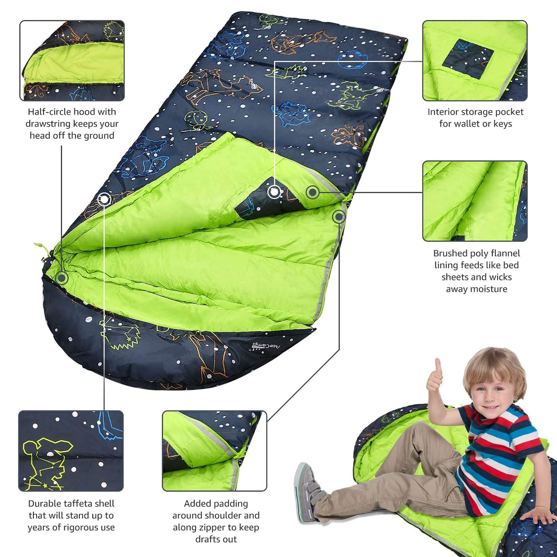 AceCamp child using sleeping bag at campsite illustrating comfort and mobility