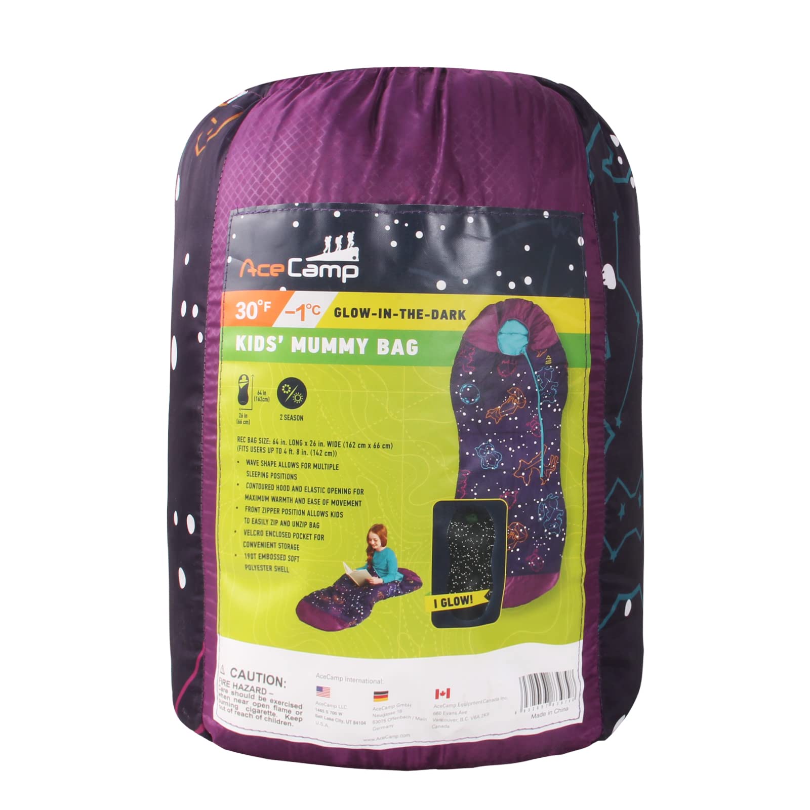 AceCamp sleeping bag beside a child for scale showing kid-sized fit and appropriate warmth