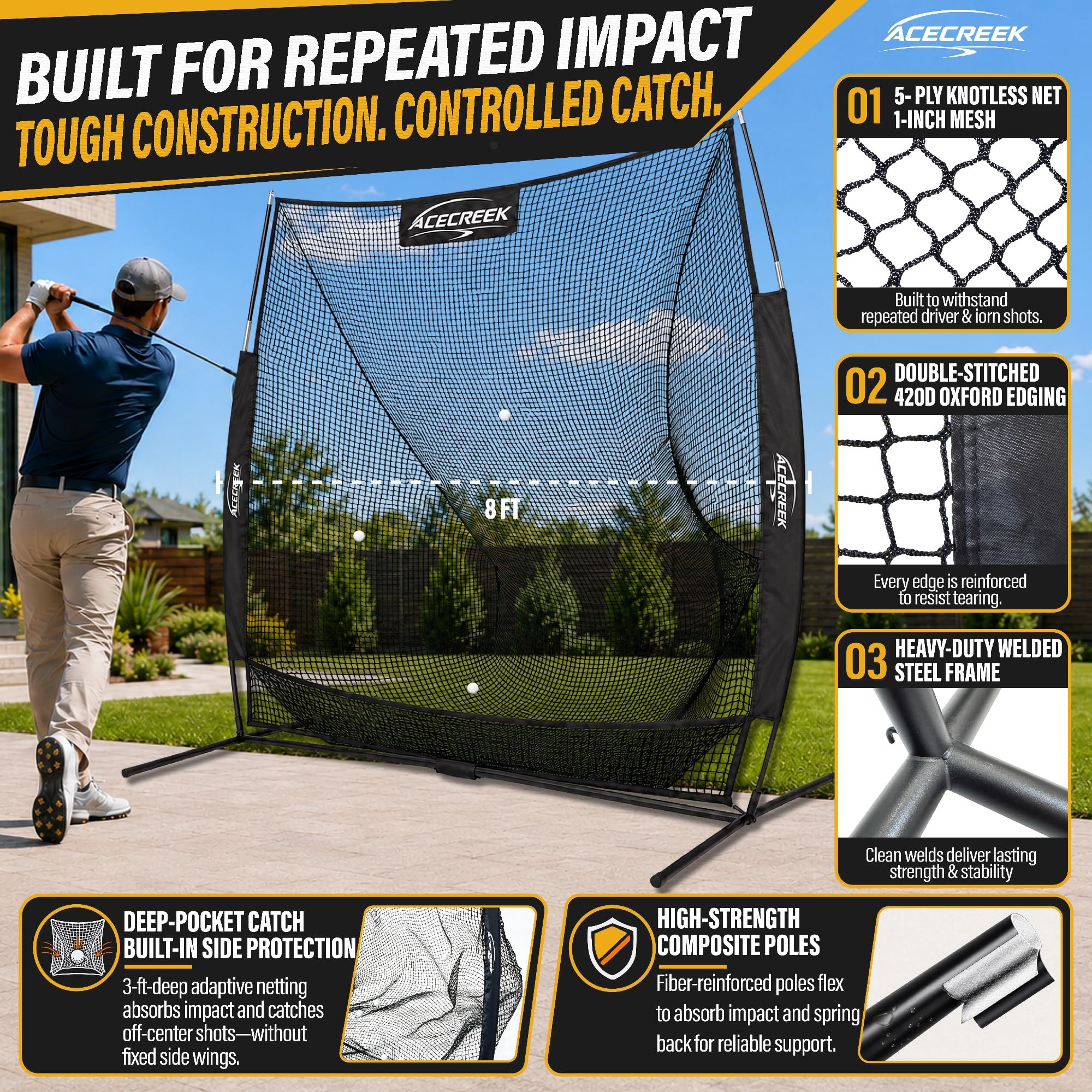 ACECREEK side view showing 3 ft deep pocket that reduces rebound and guides balls down