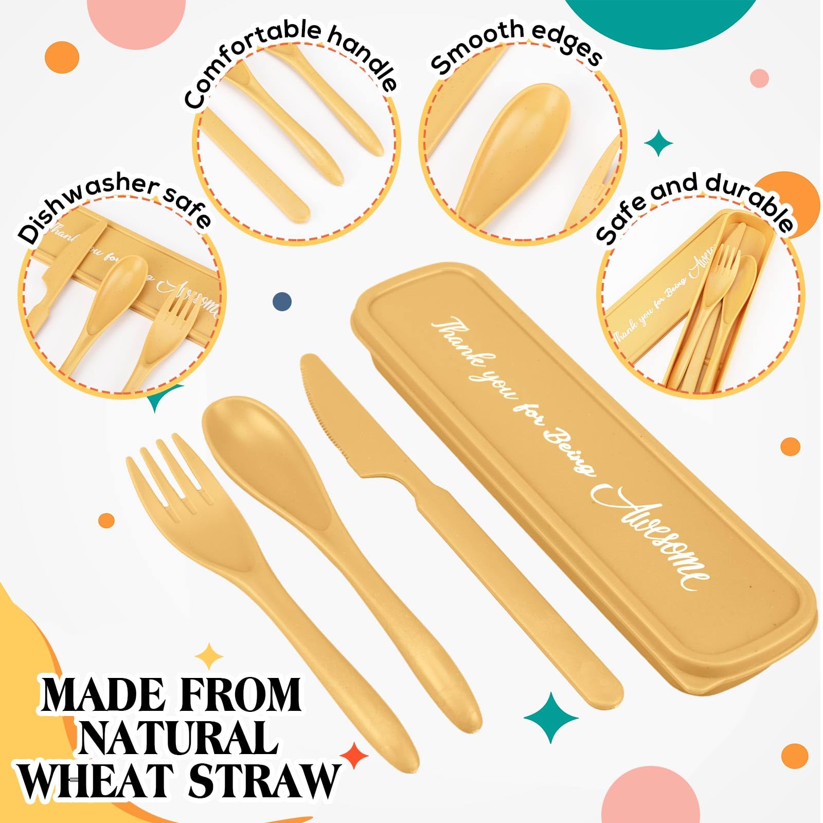 Acellegic wheat straw fork spoon and knife displayed on tabletop demonstrating portability and daily use
