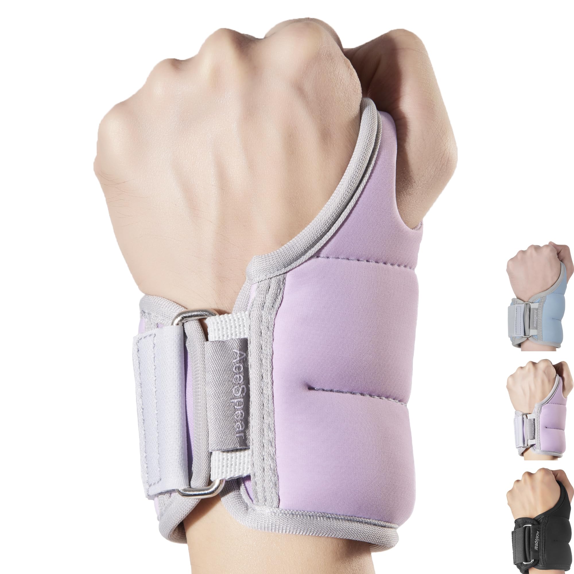 AceSpear front view purple wrist weights showing compact design and easy wear benefit