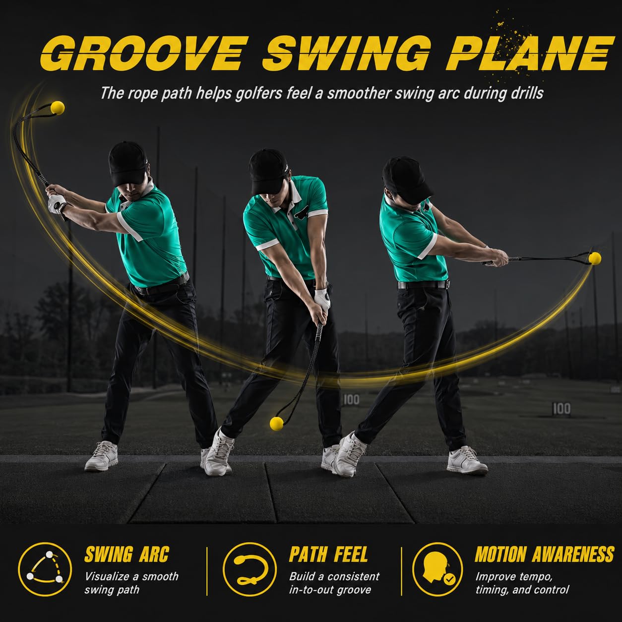ACESTRIKE trainer beside golf club showing size and portability advantage