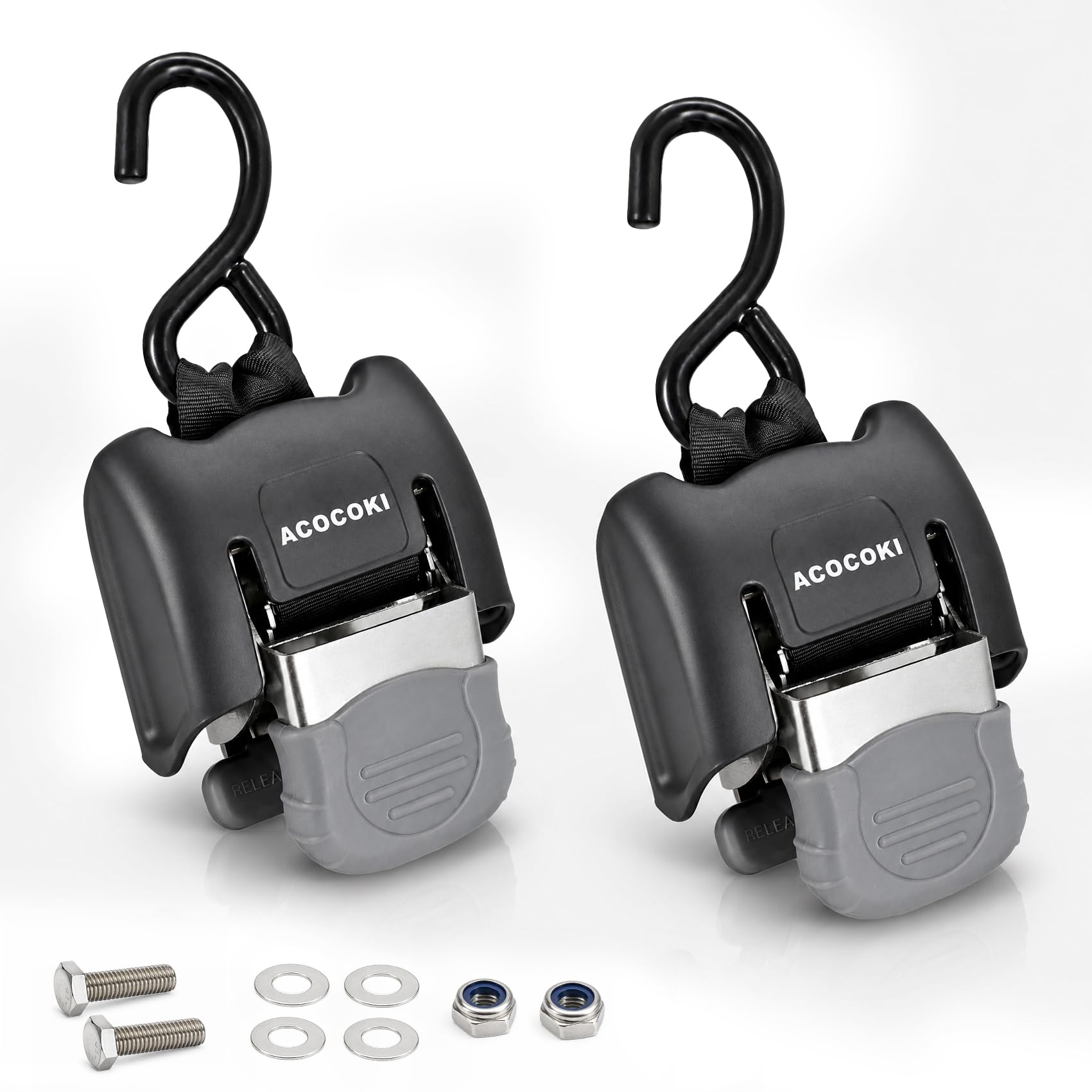 ACOCOkI front view of two retractable transom straps showing compact housings benefit neat storage