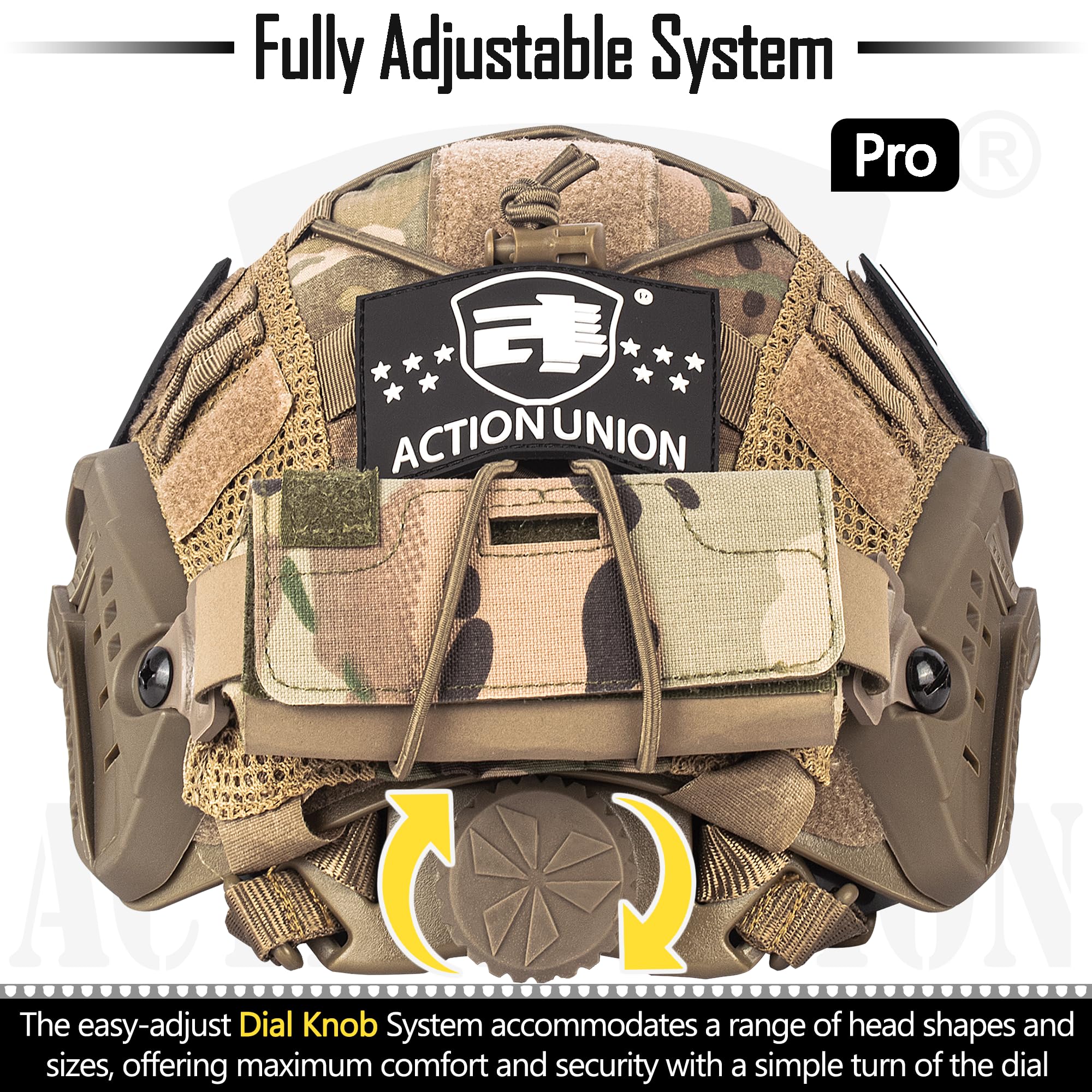 ACTIONUNION helmet side rail detail displaying accessory mounting and secure attachment
