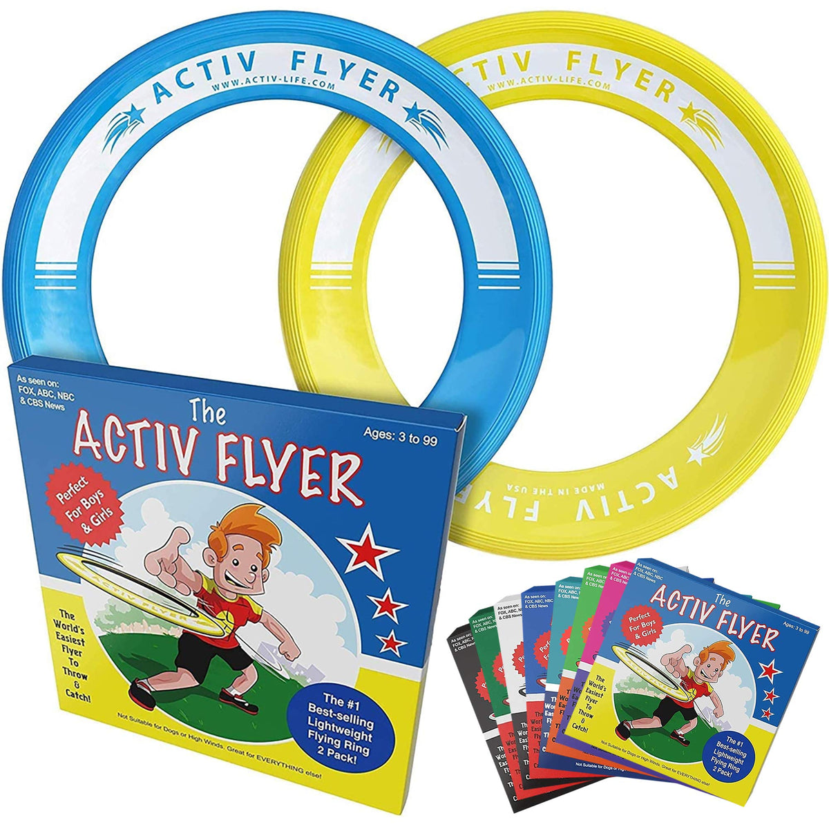 Activ Life front packaging showing cyan and yellow flying rings, promotes easy outdoor play