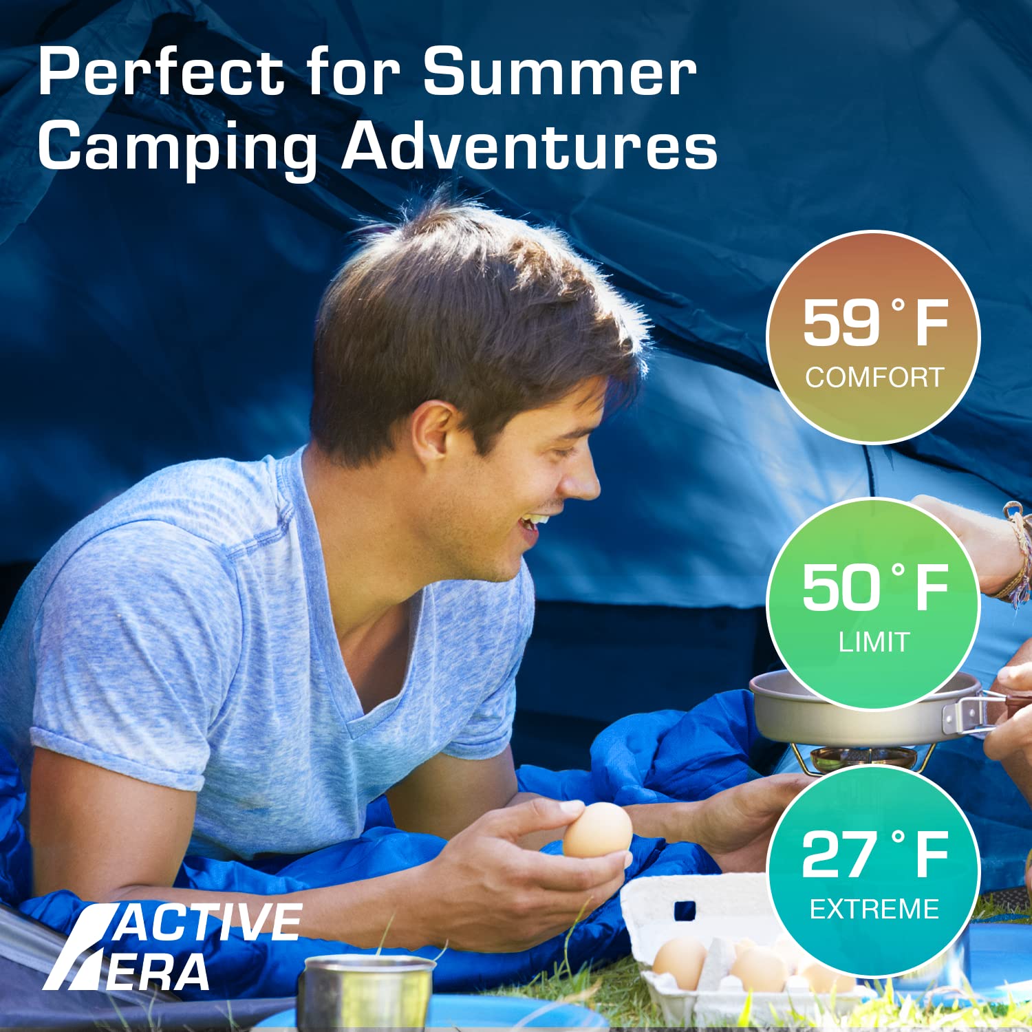 Active Era sleeping bag at campsite under stars demonstrating warmth and portability benefit