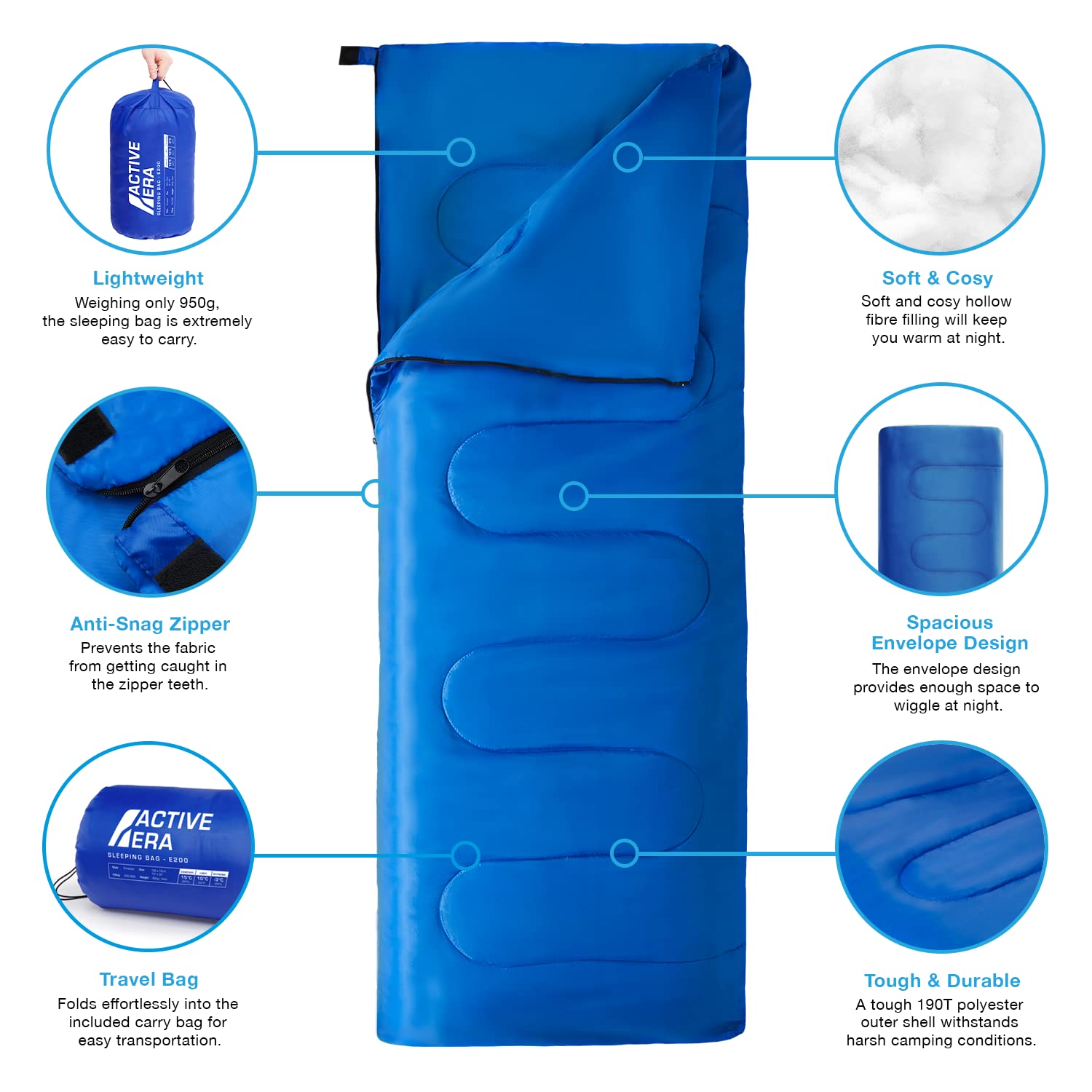 Active Era sleeping bag packed in its water-resistant sack for easy travel and storage benefit