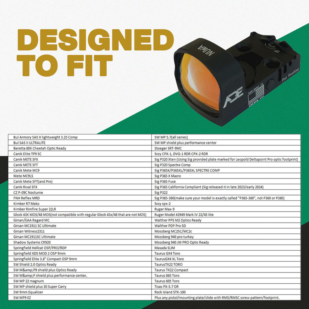 Ade Advanced Optics NUWA mounted on pistol slide illustrating fit with RMS footprint for compatibility