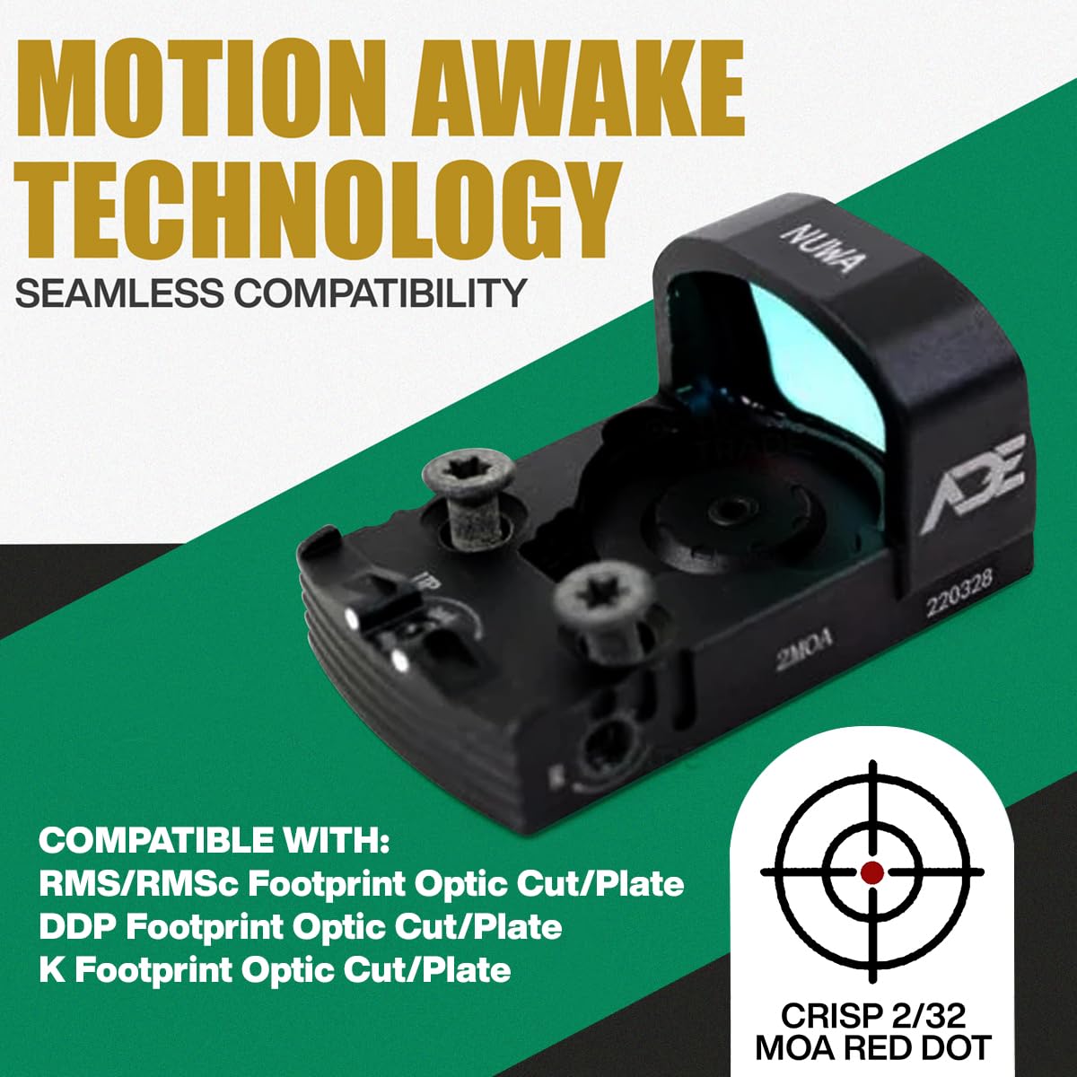 Ade Advanced Optics NUWA through-lens reticle view showing 2 MOA red dot for precise aiming