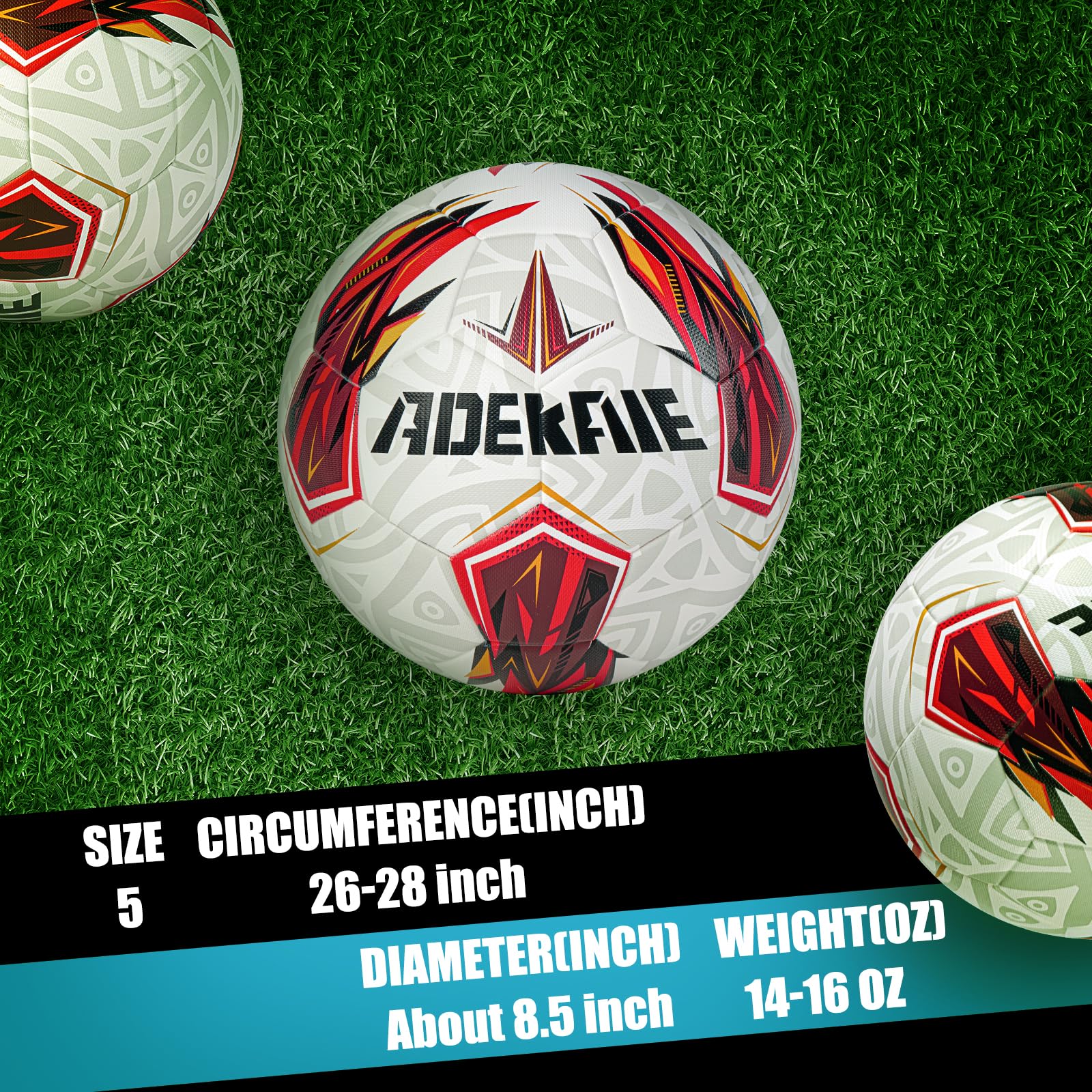 adekale ball beside cleats for scale showing official size and game-ready weight