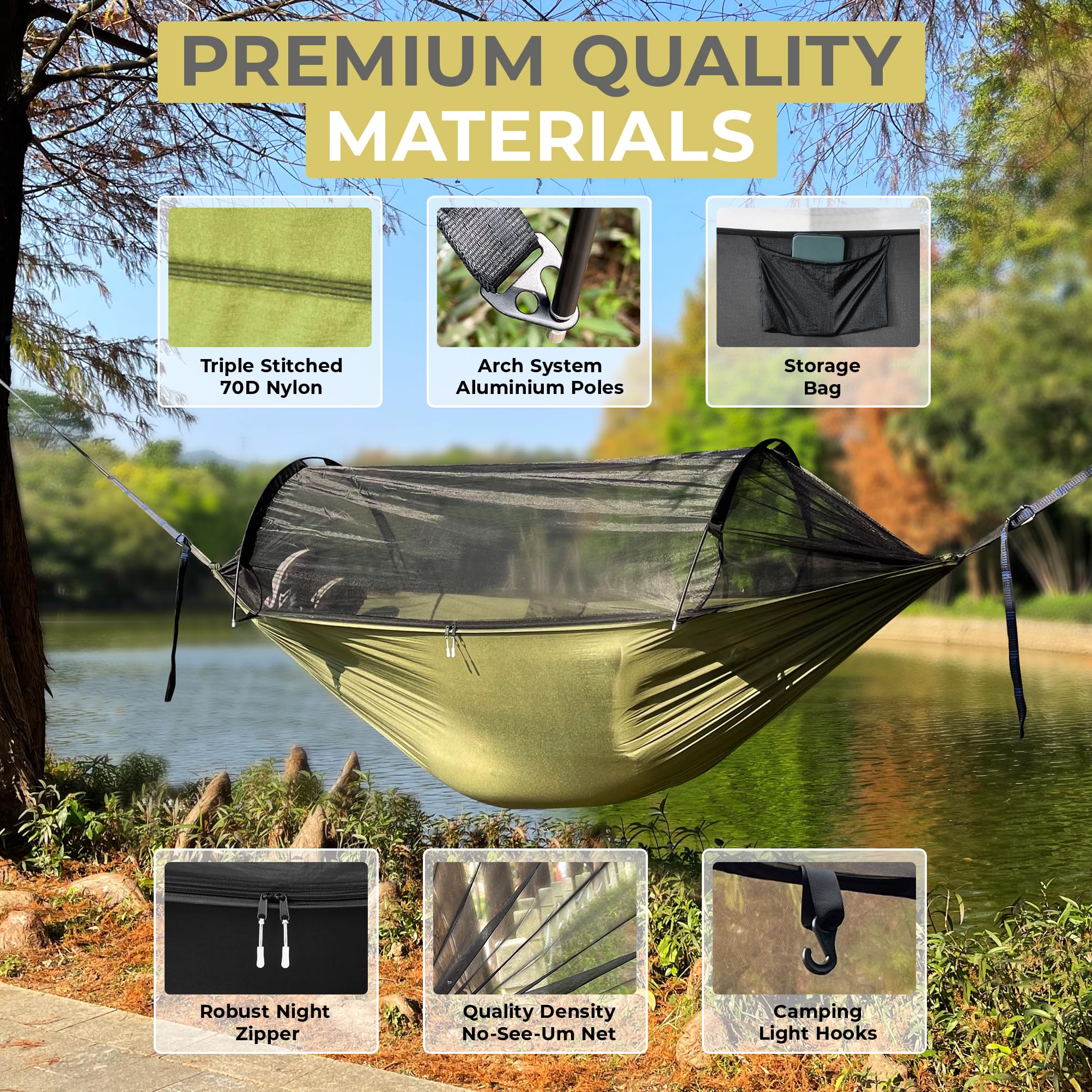 ADVOKAIR hammock attached to tree straps showing secure hanging and adjustable height benefit