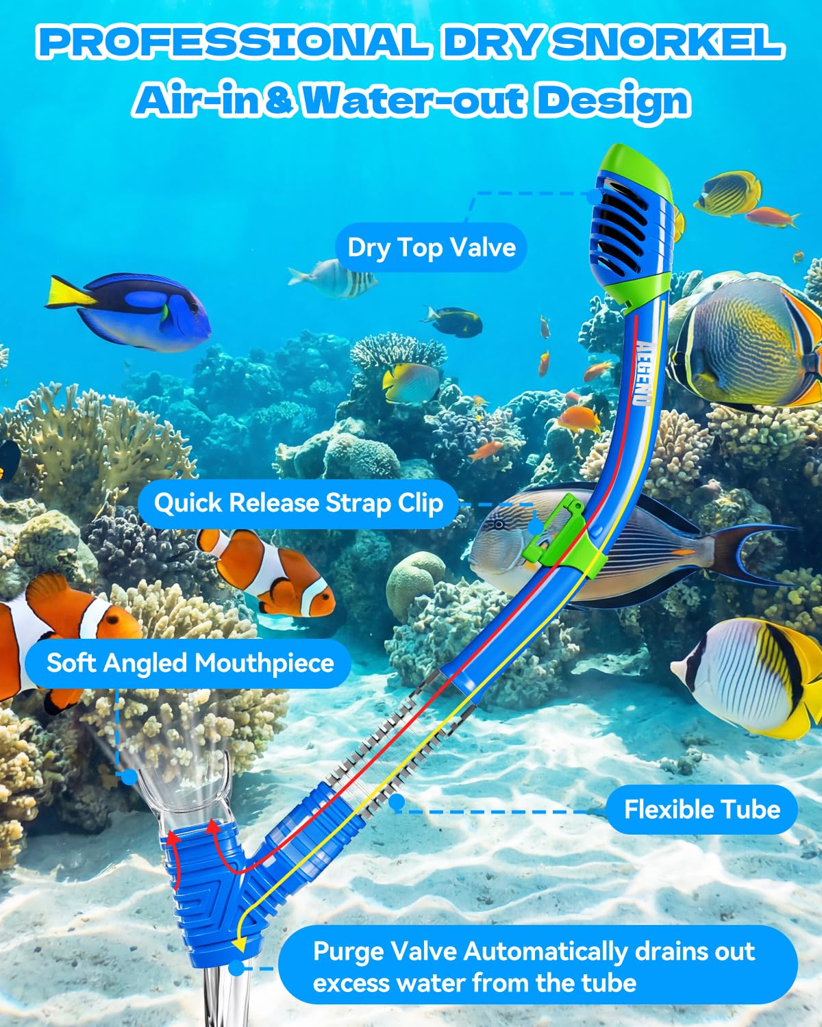 Aegend dry-top snorkel detail showing seal mechanism for safer beginner breathing