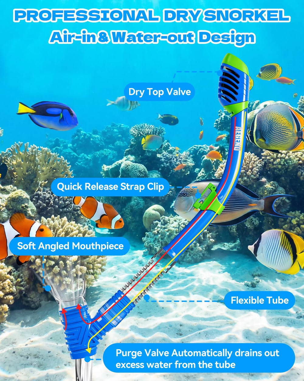 Aegend dry-top snorkel detail showing seal mechanism for safer beginner breathing