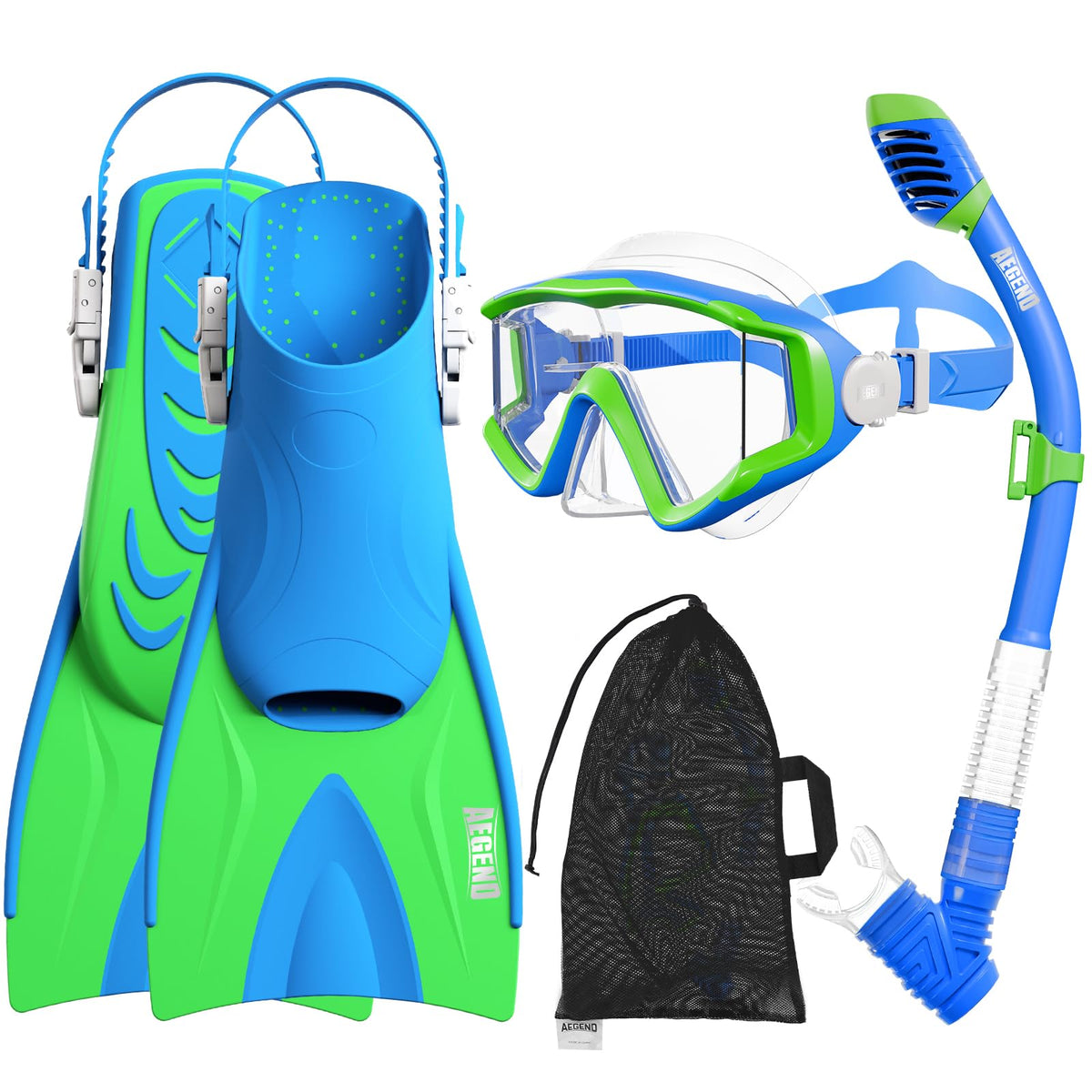 Aegend front packaging showing full kids snorkel set and travel-ready layout