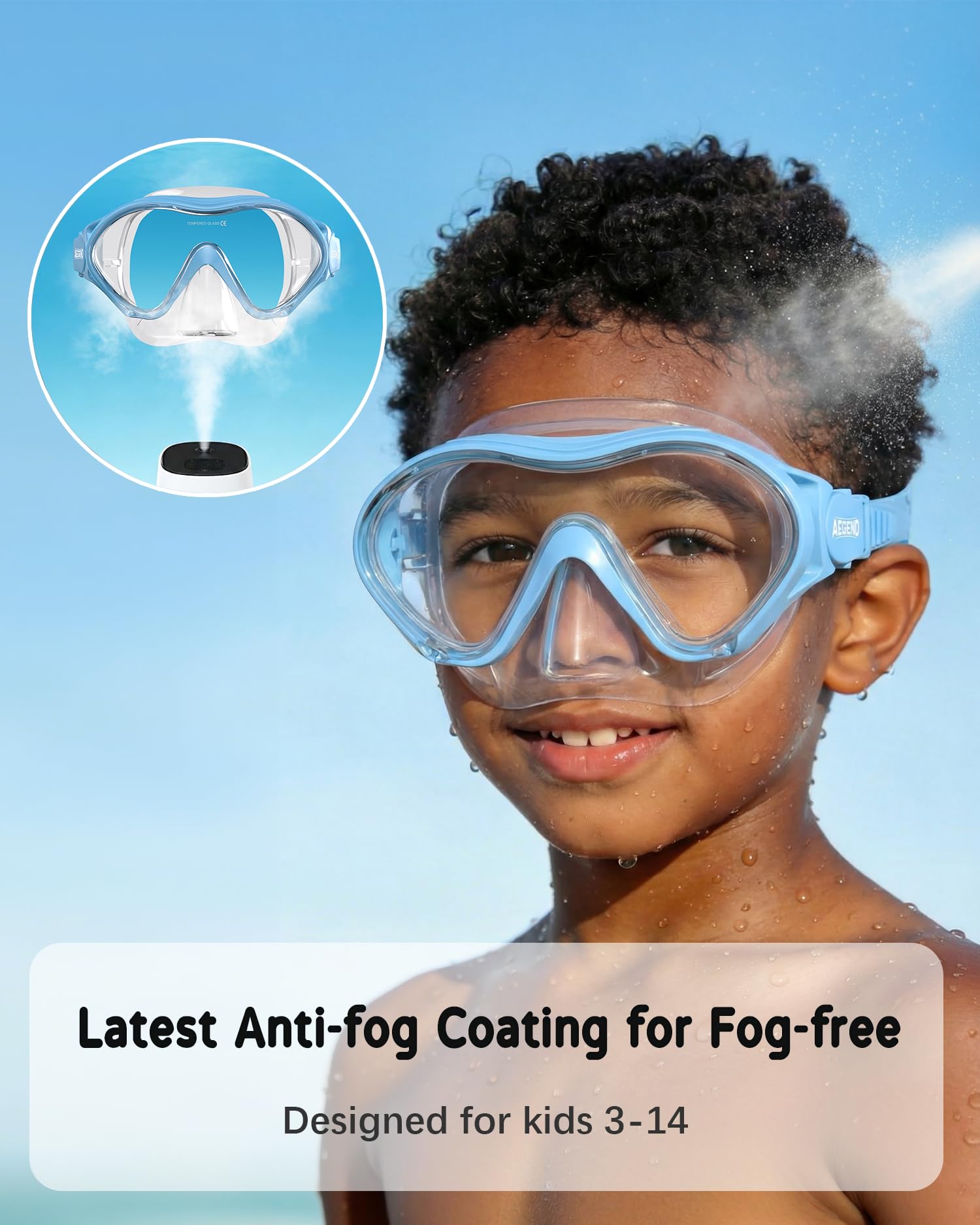 Aegend goggles worn by child in pool demonstrating wide clear underwater view