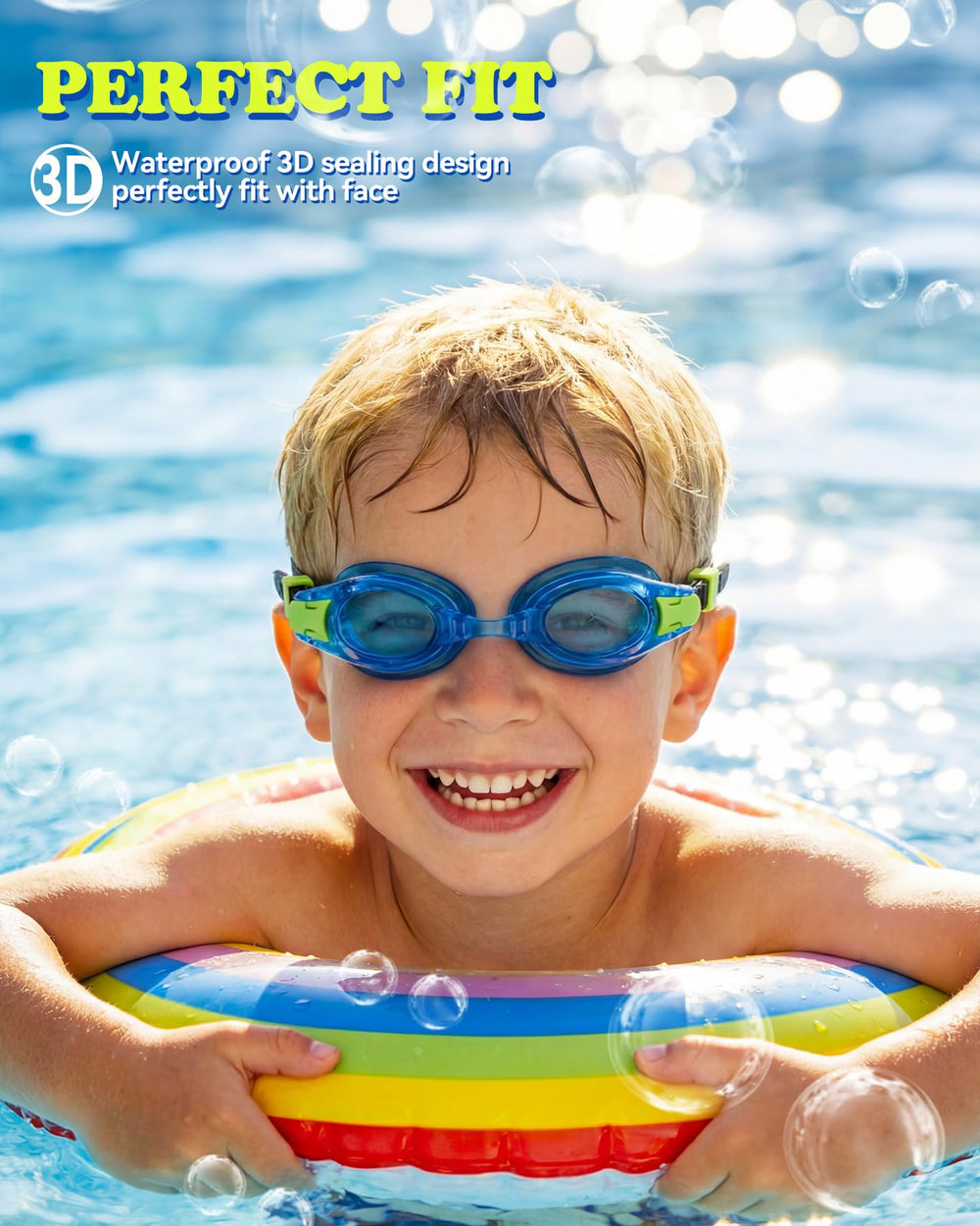 Aegend child wearing goggles in pool enjoying clear underwater vision