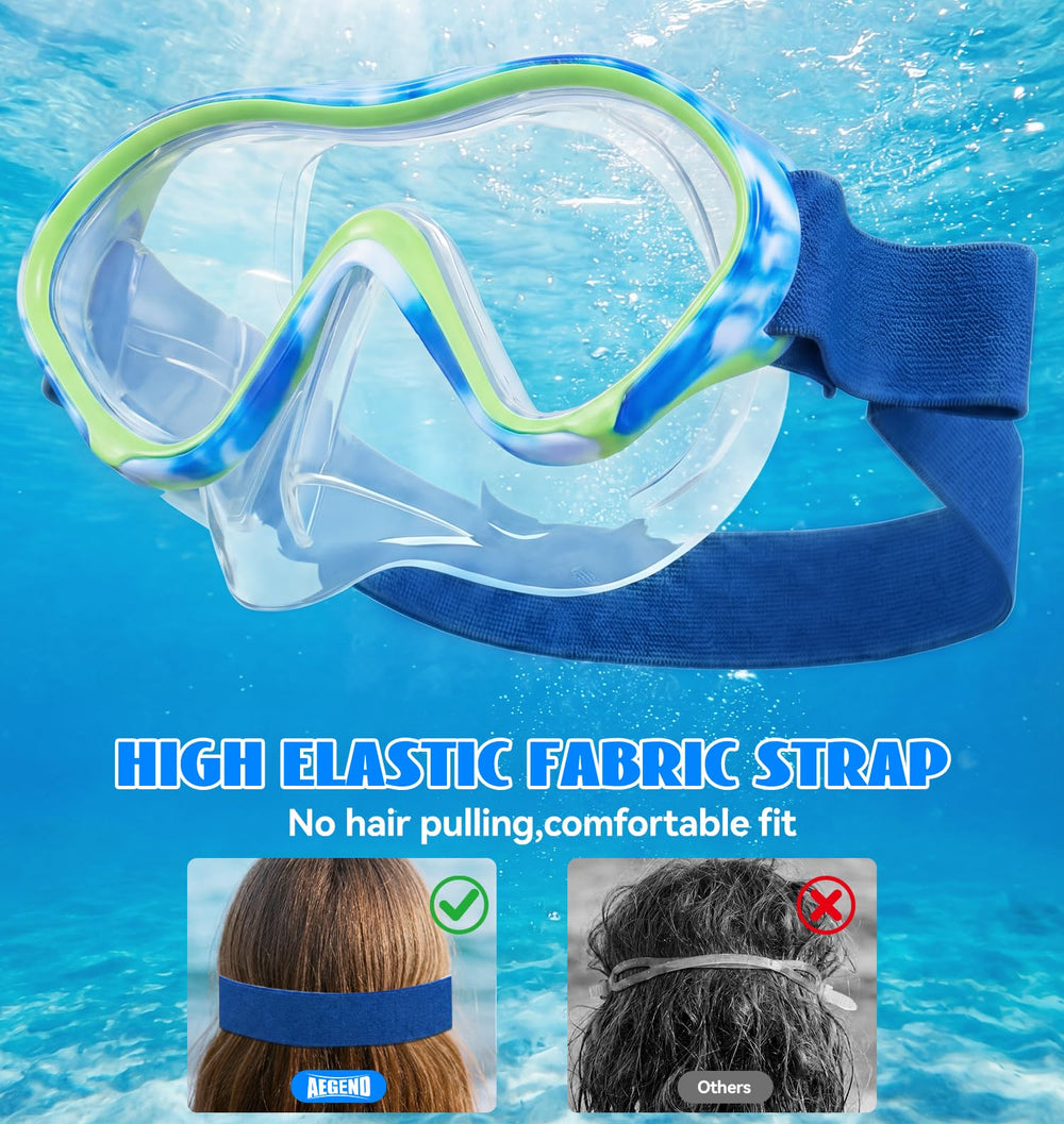 Child wearing Aegend mask in pool showing safe, panoramic underwater visibility
