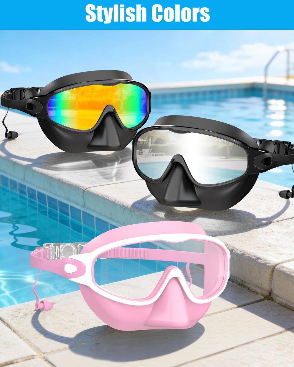 Aegend goggles on poolside towel beside sunglasses, ready for outdoor use