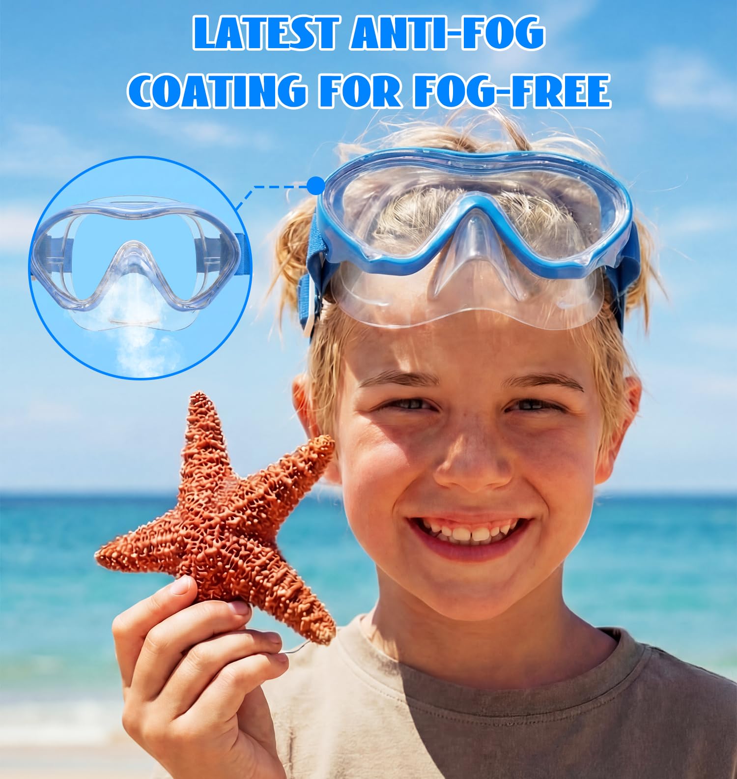 Aegend mask worn by child in pool showing stable, wide vision benefit