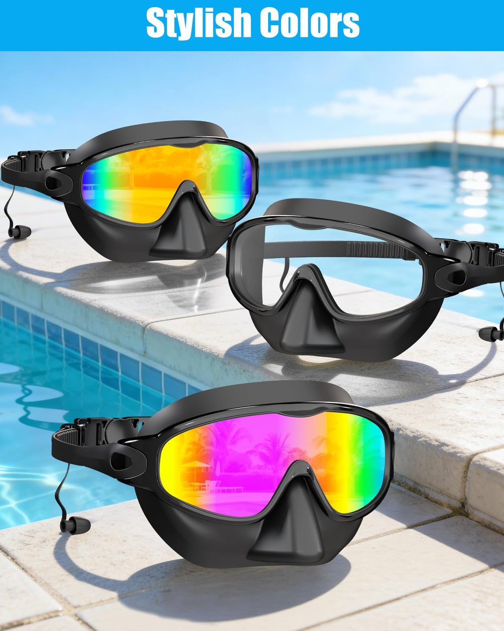 Aegend goggles by pool in sun showing UV protection and clarity