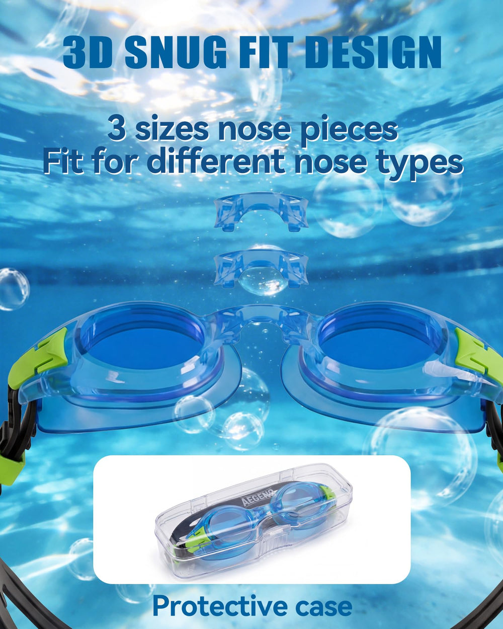 Aegend goggles held in adult hand to show size and scale for kids