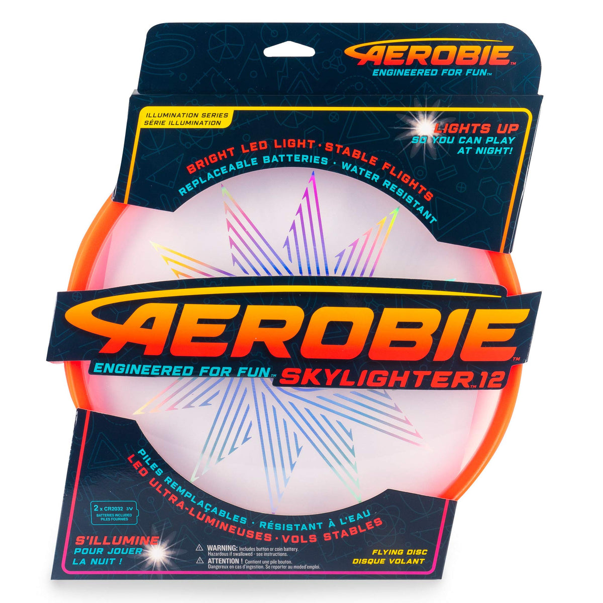 Aerobie Skylighter Disc front view showing orange finish and LED module, enhances visibility