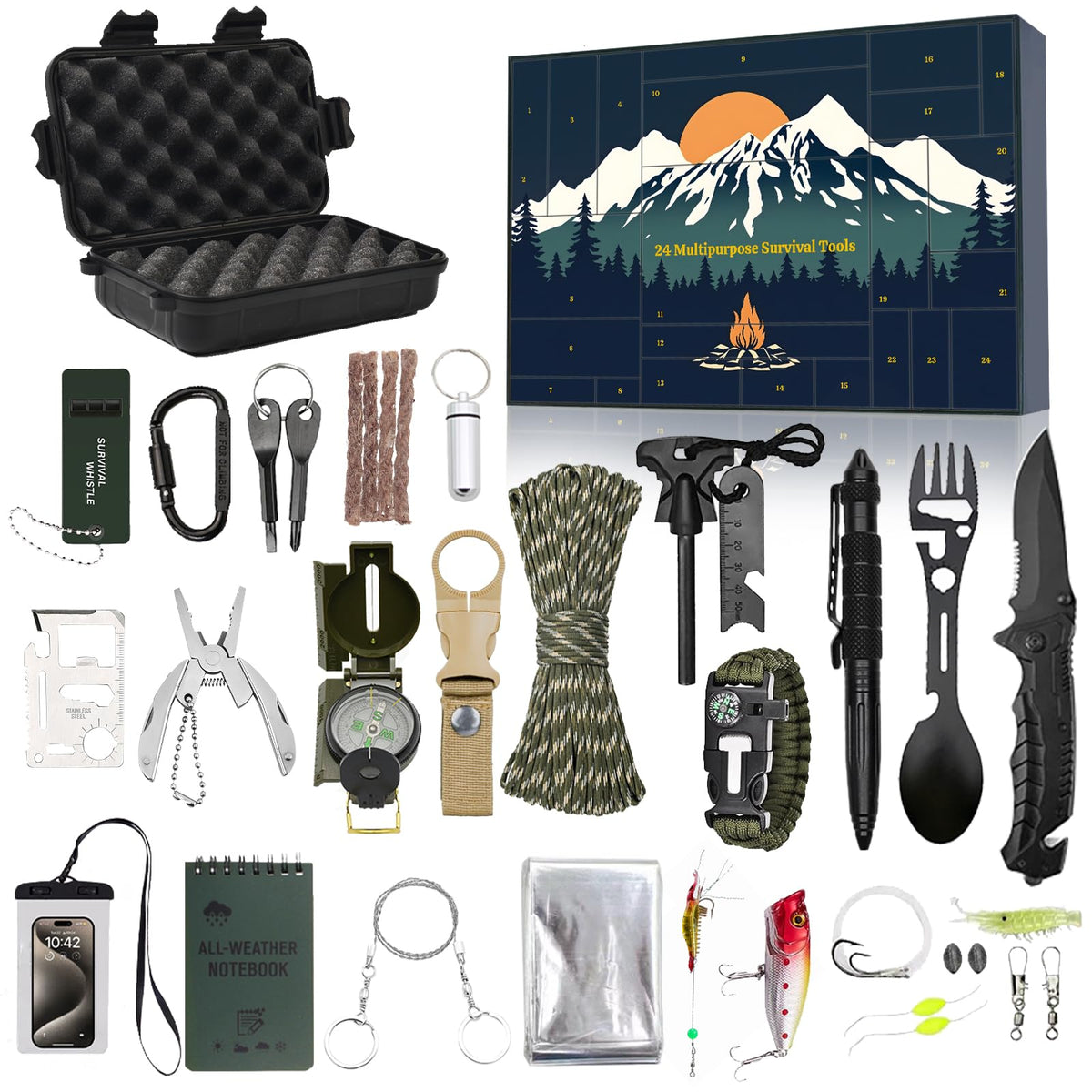 Aezic advent calendar front packaging showing a 24-day outdoor gear countdown and gift appeal