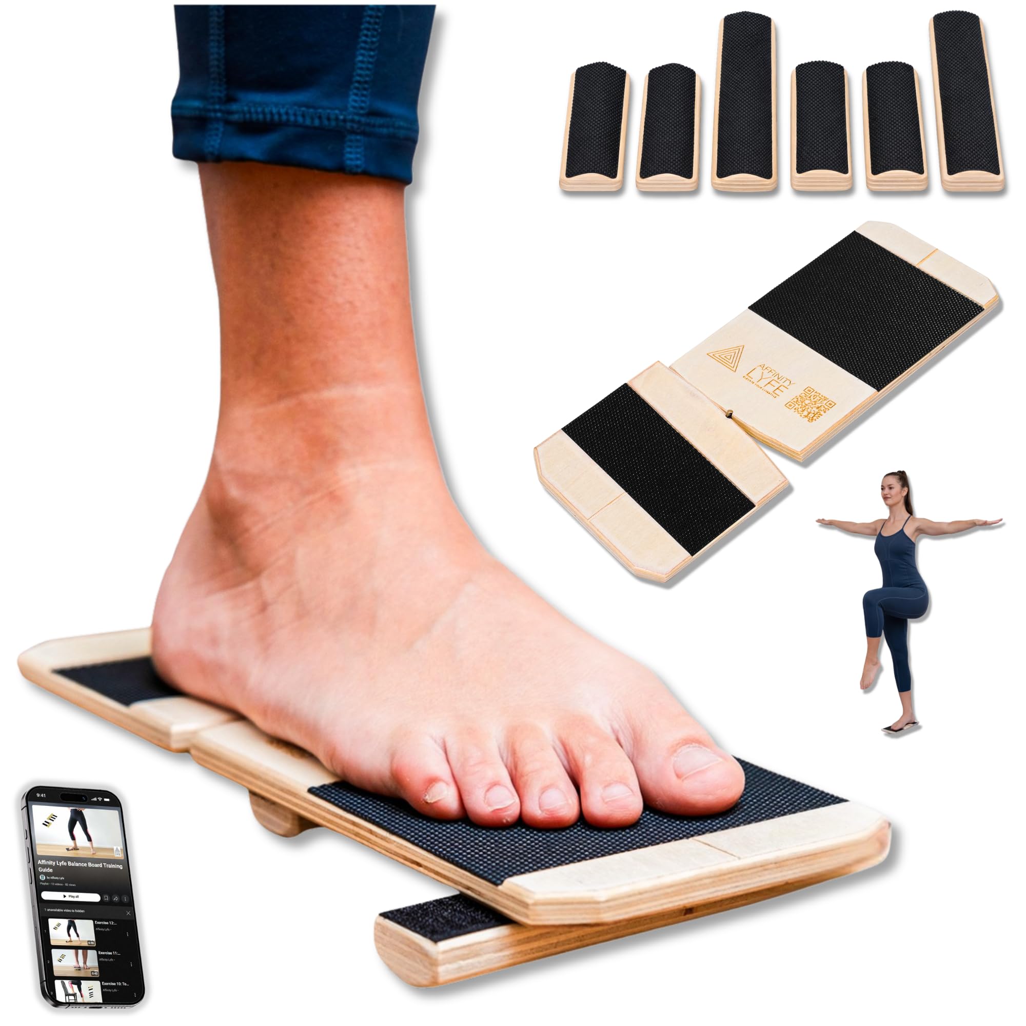 Affinity Lyfe front view of wooden balance board showing stable platform and setup benefit