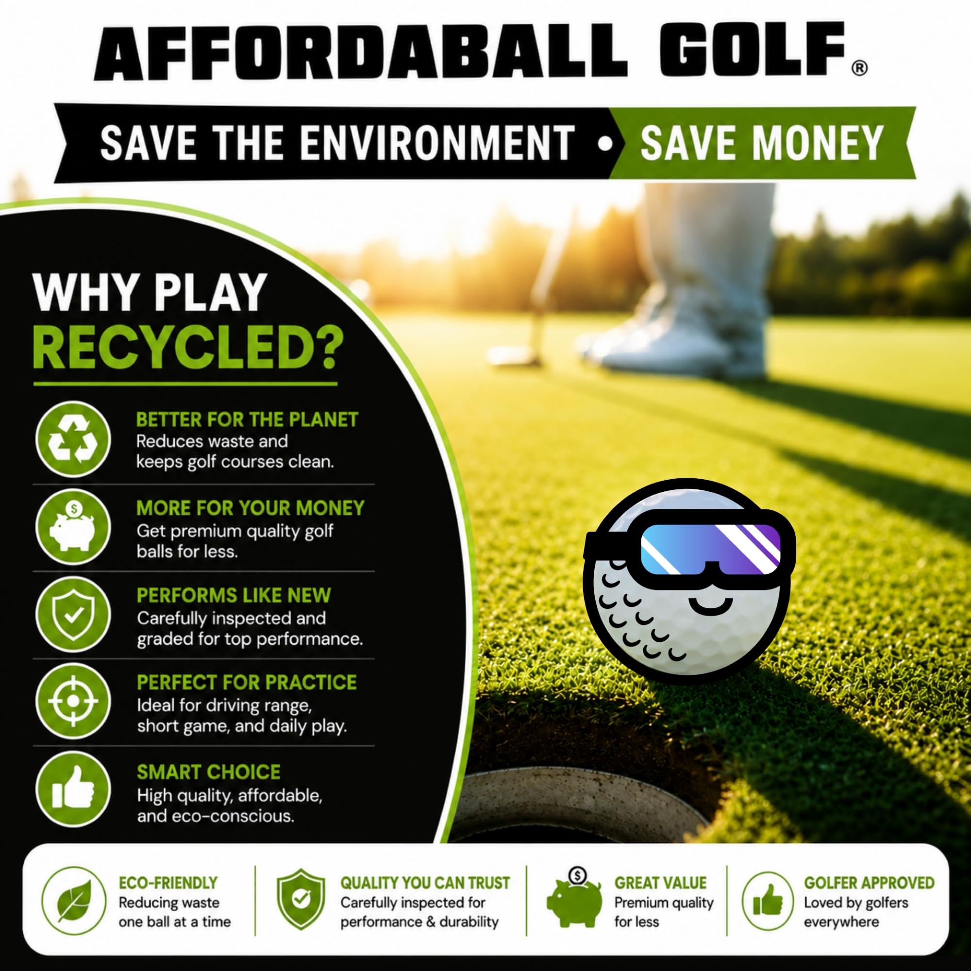AFFORDABALL GOLF balls scattered on driving range illustrating cost-effective practice