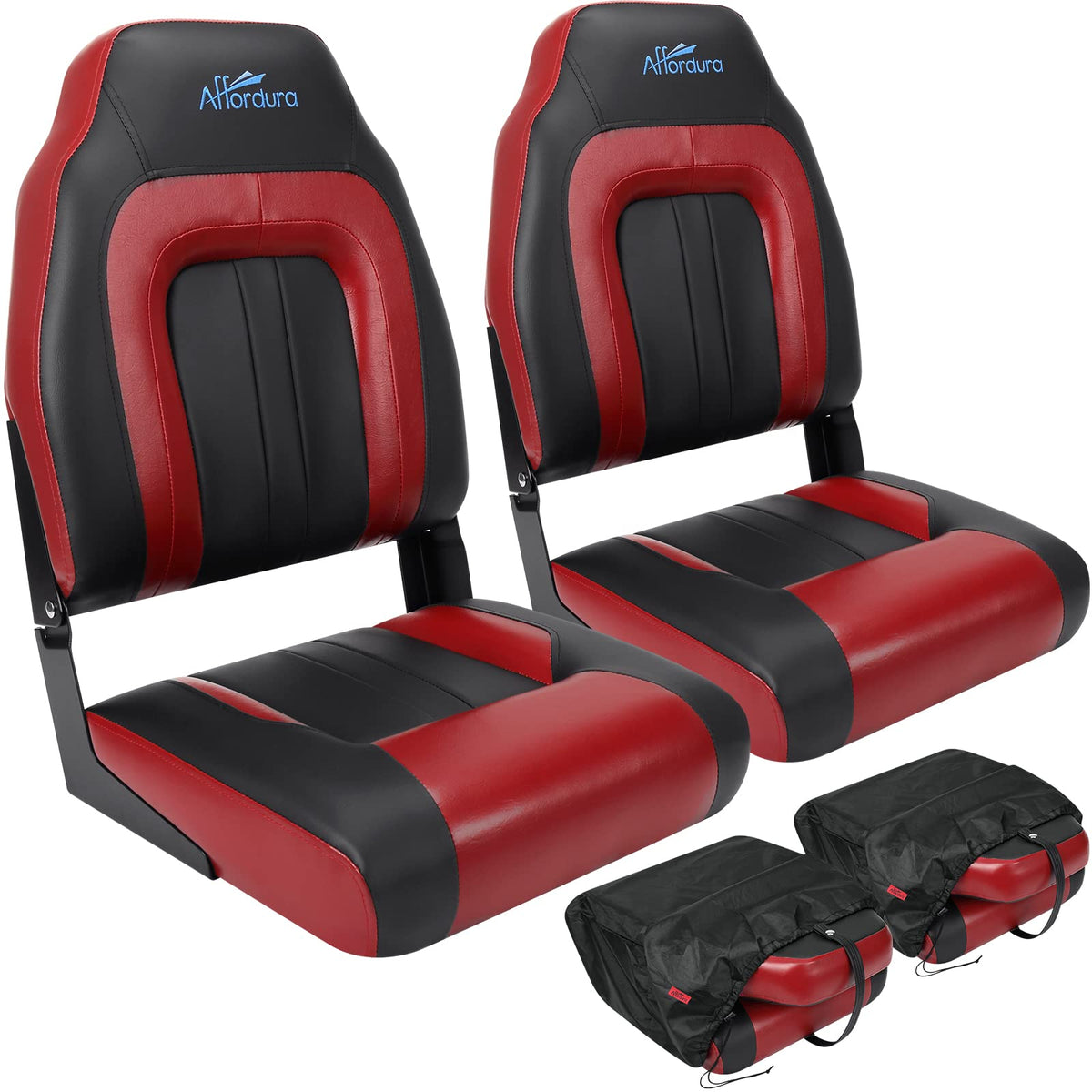 Affordura front view of black and red boat seat showing ergonomic high back and support