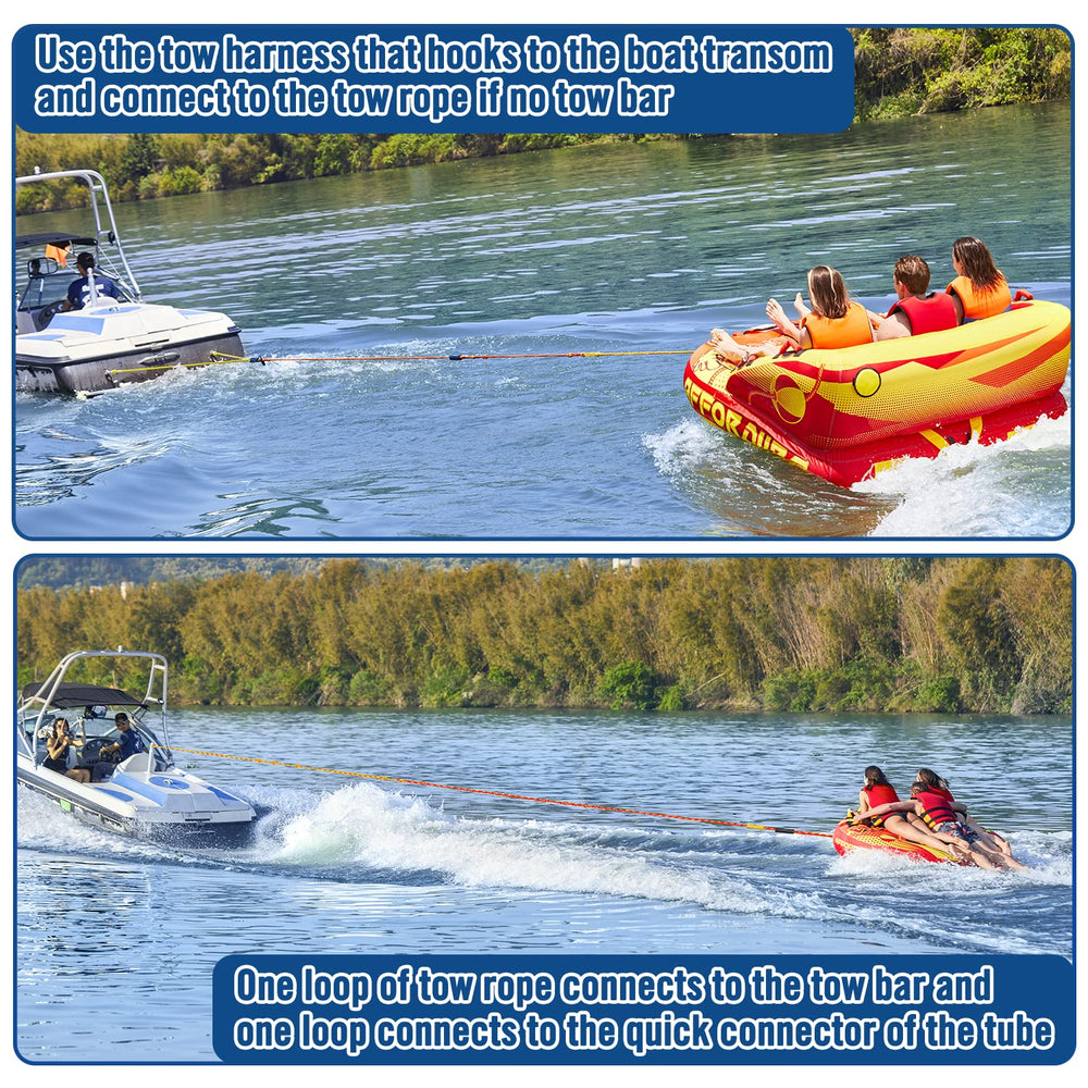 Affordura tow rope in use behind boat showing visible dual-color and stable tow
