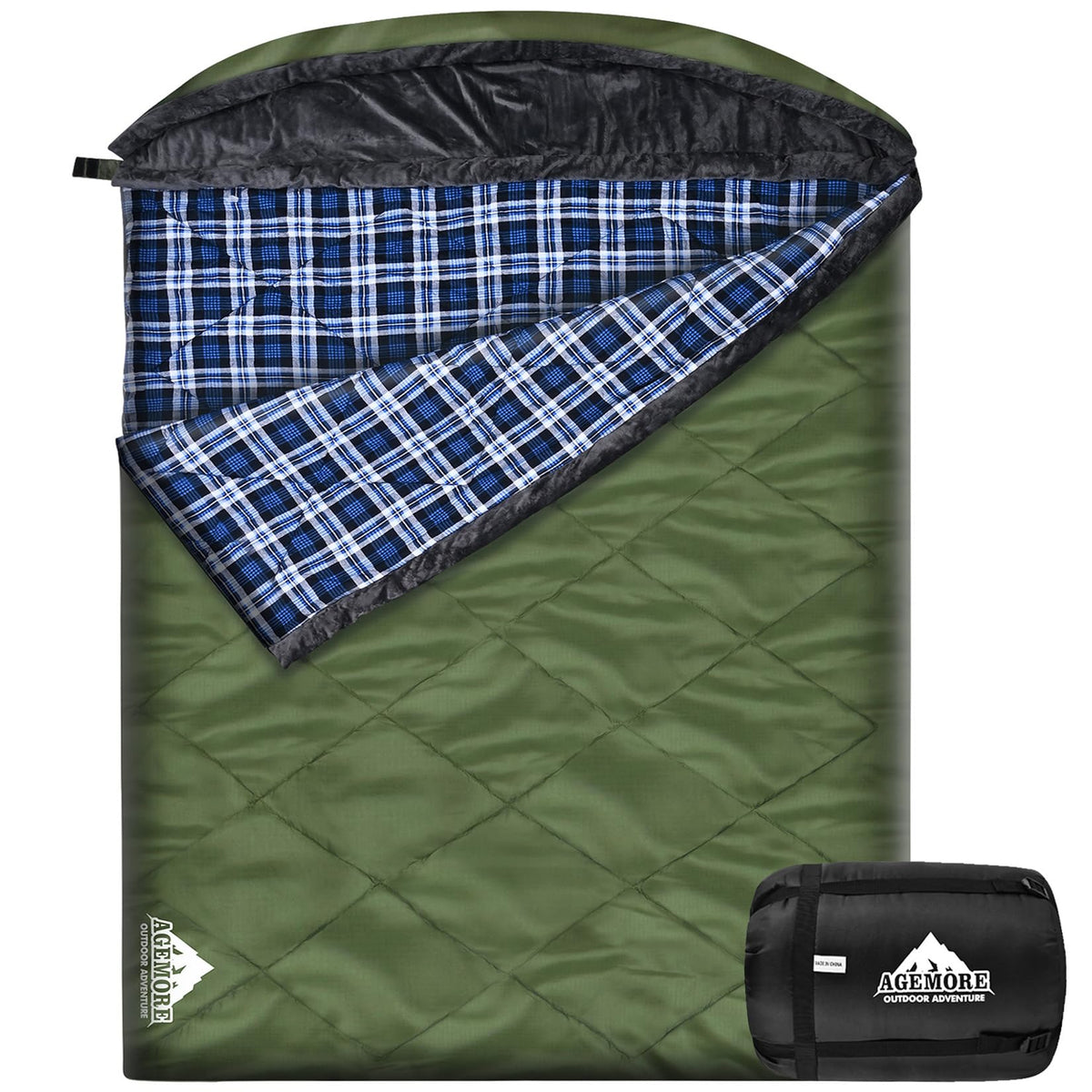 AGEMORE front view of double sleeping bag showing roomy fit and hood warmth
