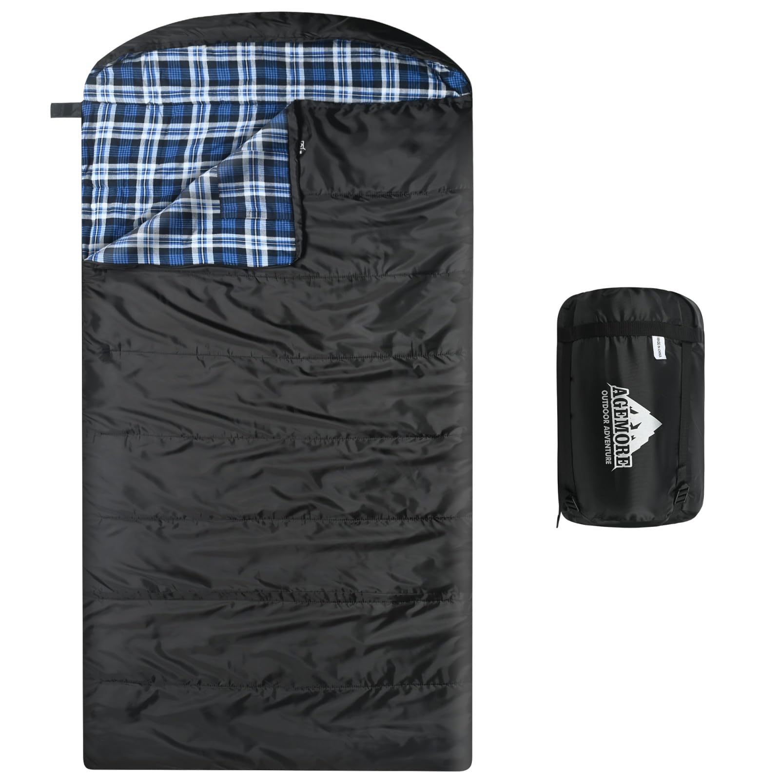 AGEMORE front view of XXL sleeping bag showing roomy fit and hood for comfort