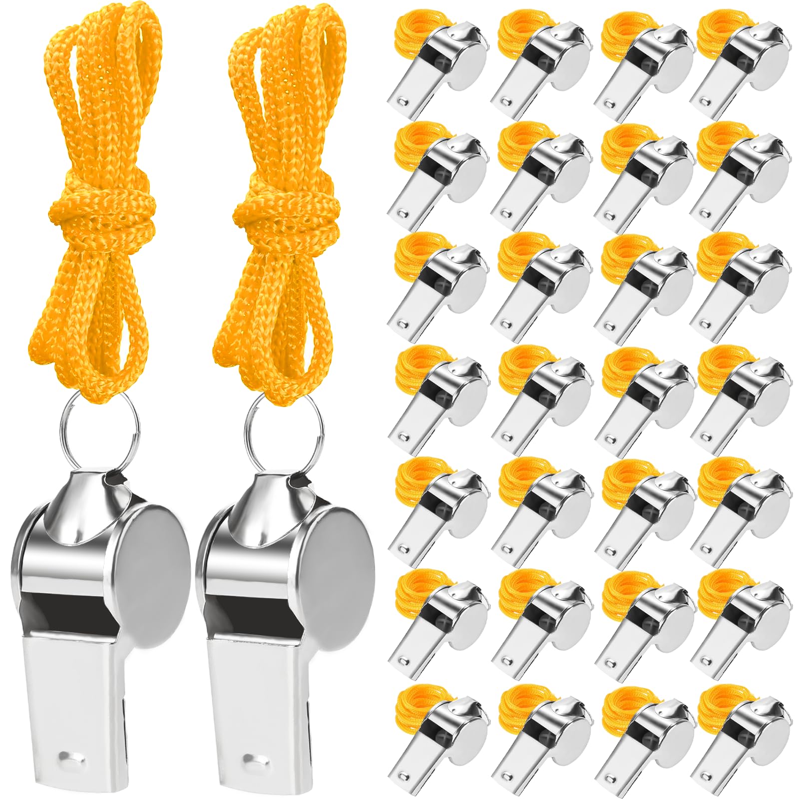 Agolctry front packaging showing 100 whistles and yellow lanyards, easy inventory