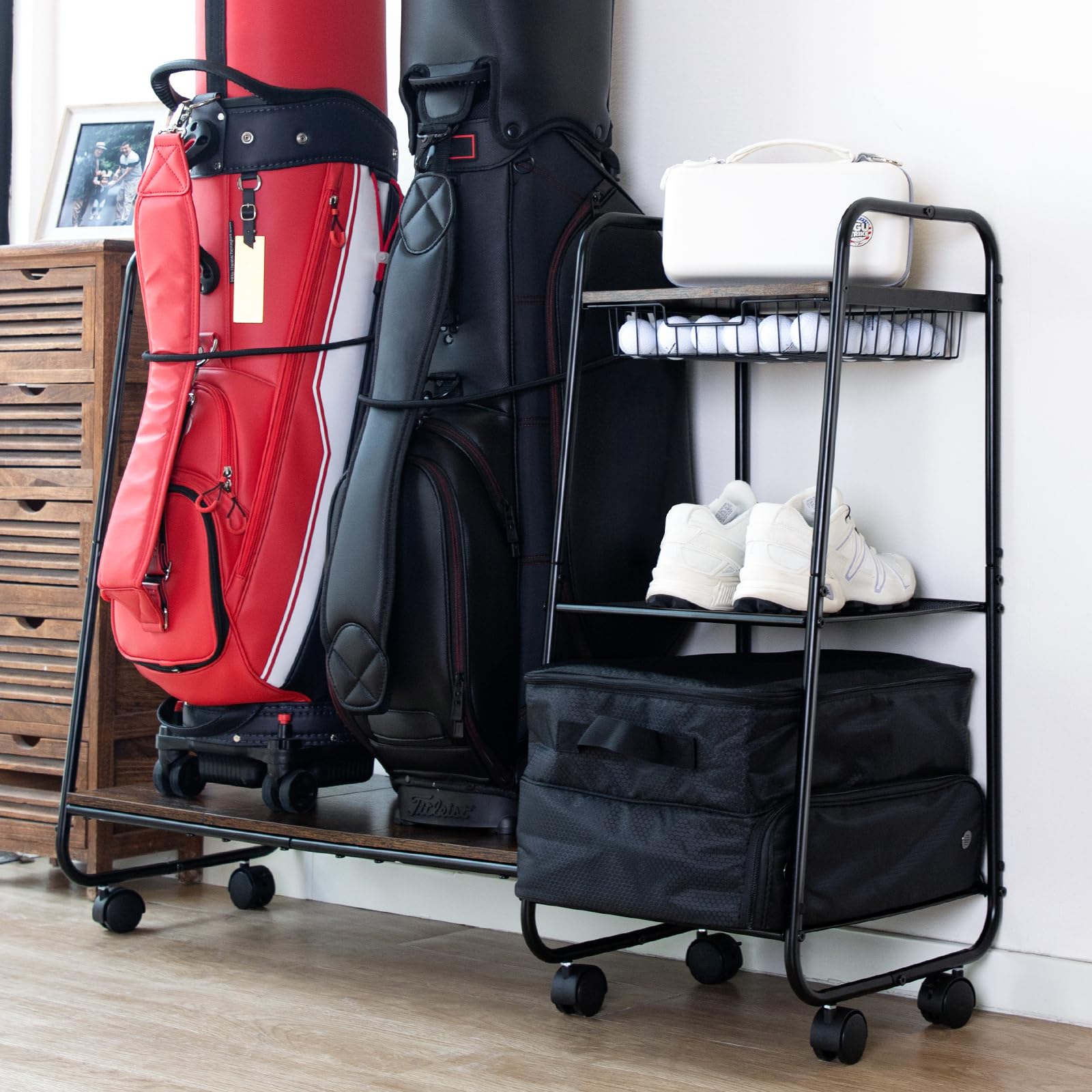 AGUstrike front view showing two golf bags neatly organized and accessible