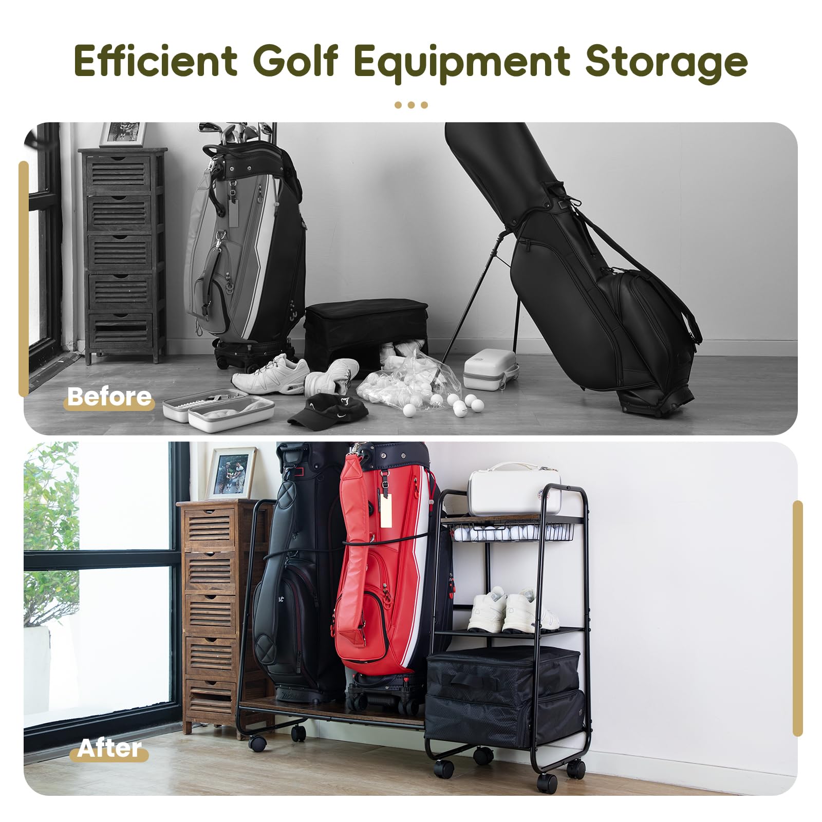 AGUstrike rack next to two full-size golf bags to show actual scale