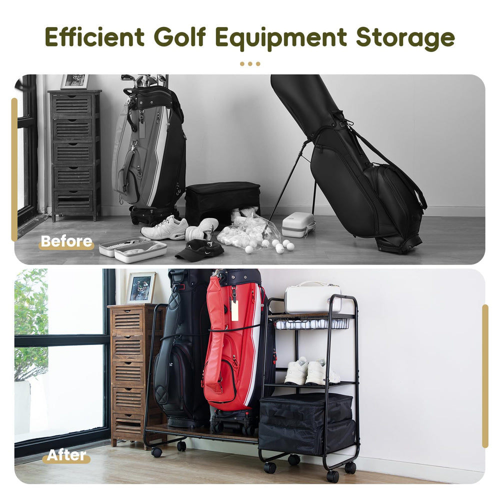 AGUstrike rack next to two full-size golf bags to show actual scale