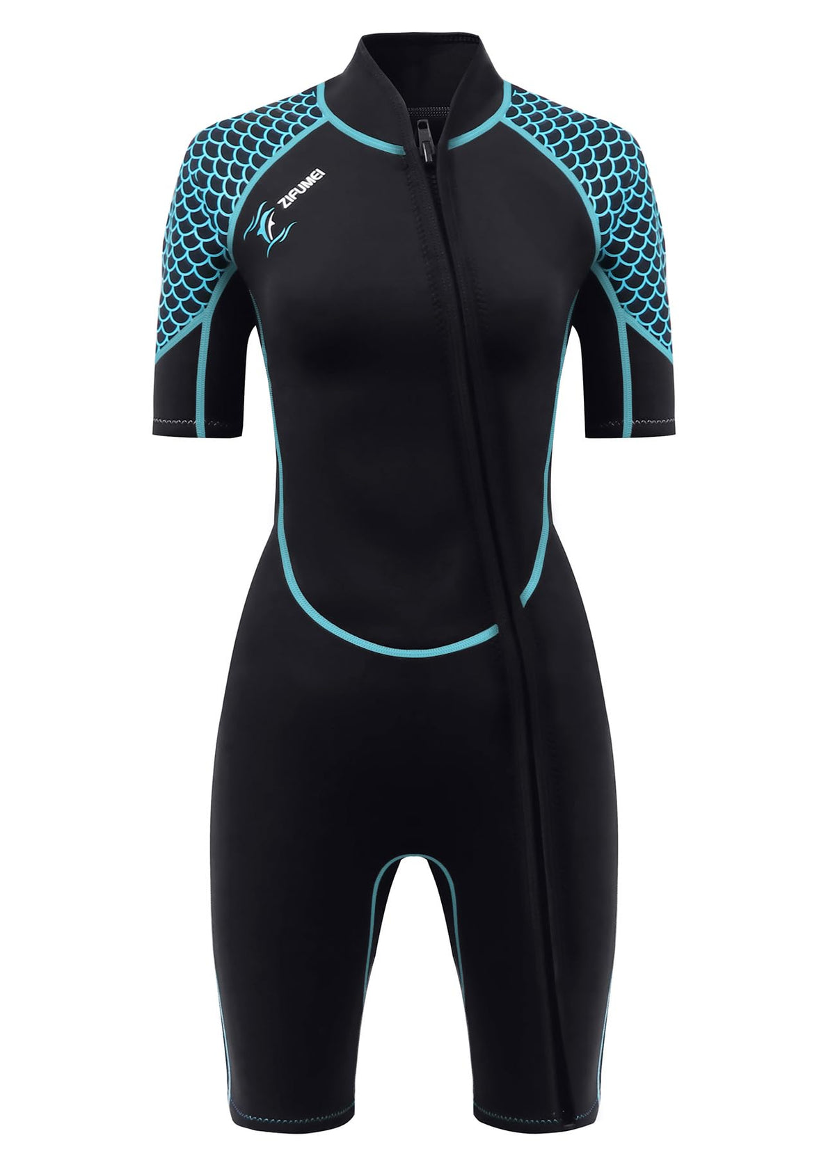 AICARSHI shorty wetsuit front view showing fit and coverage for comfort