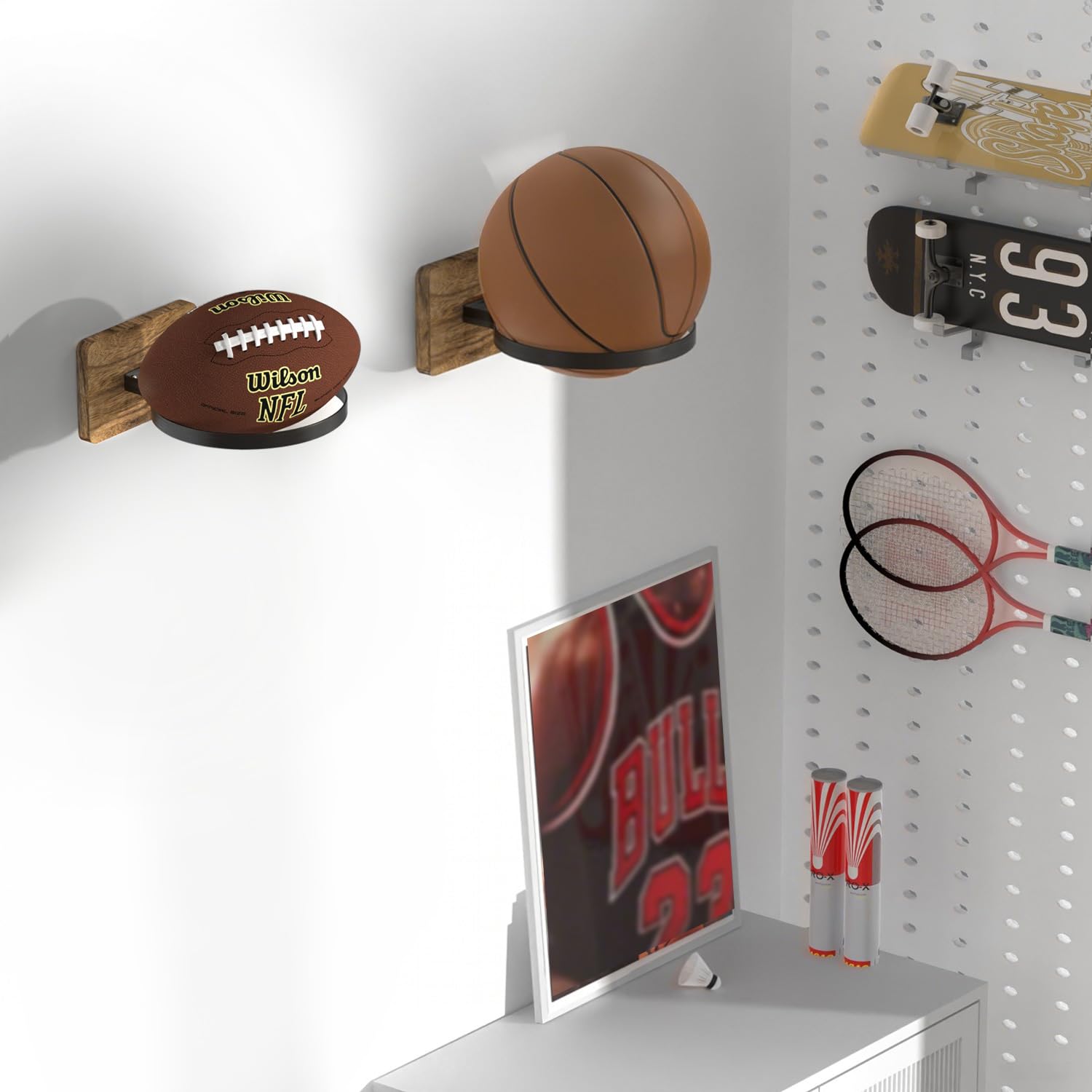 AIDILI mounted in garage setting organizing balls and freeing floor space