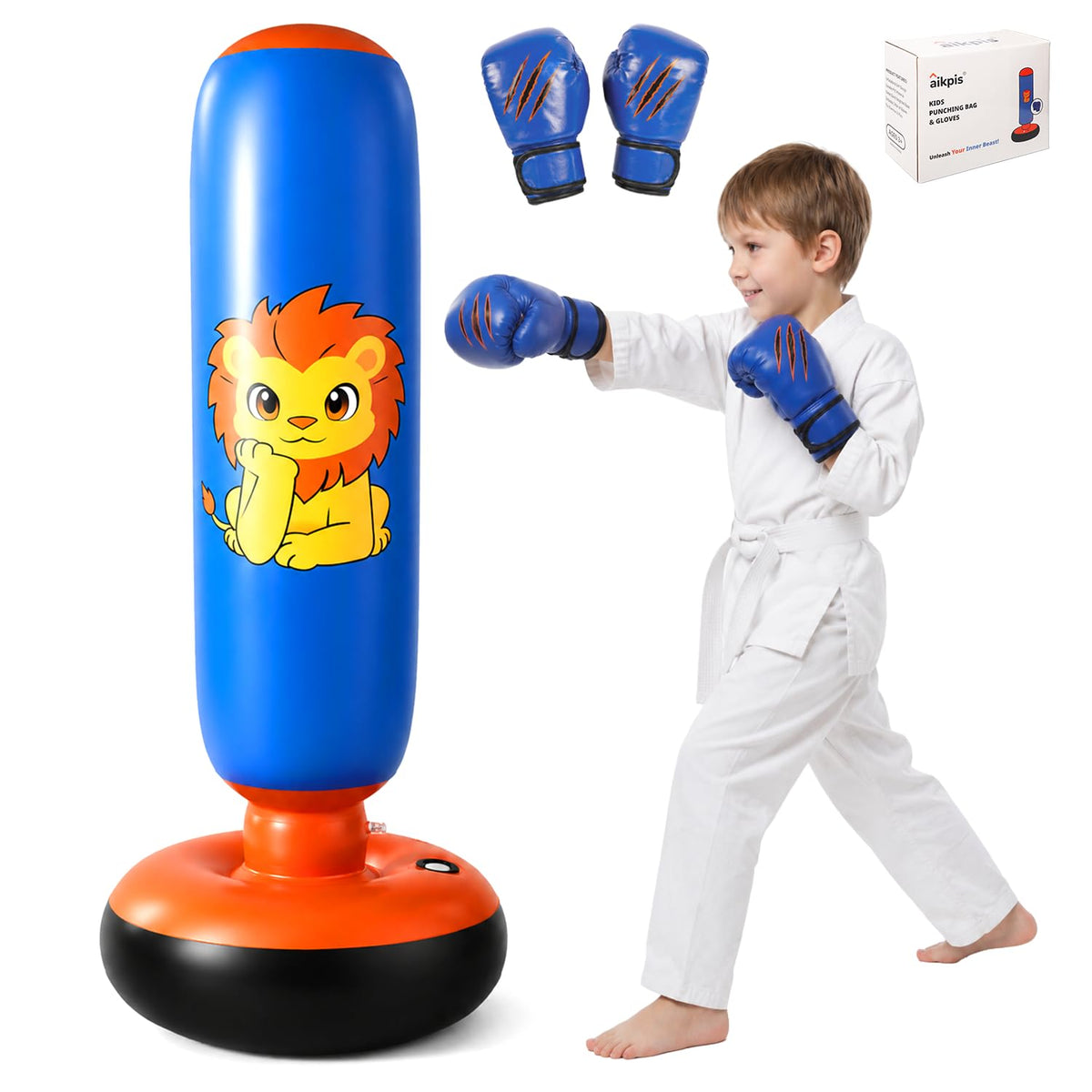 aikpis lion punching bag front view showing stable base and playful design for active kids