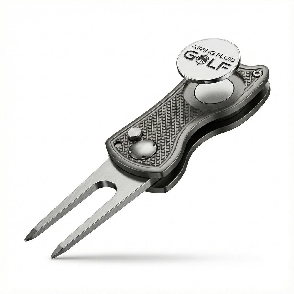 Aiming Fluid Golf front view of grey all‑metal divot tool showing compact design and durability