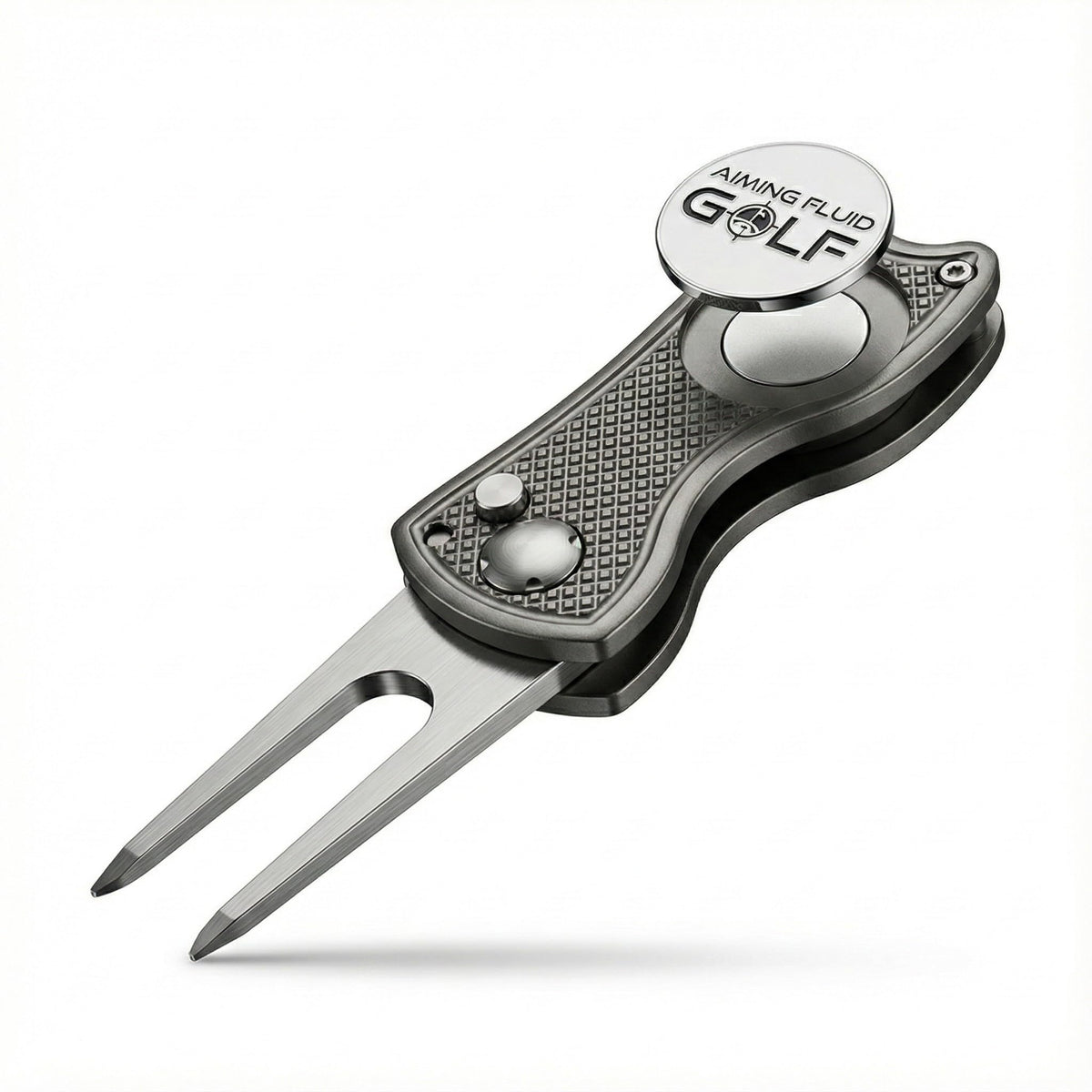 Aiming Fluid Golf front view of grey all‑metal divot tool showing compact design and durability