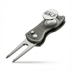 Aiming Fluid Golf front view of grey all‑metal divot tool showing compact design and durability