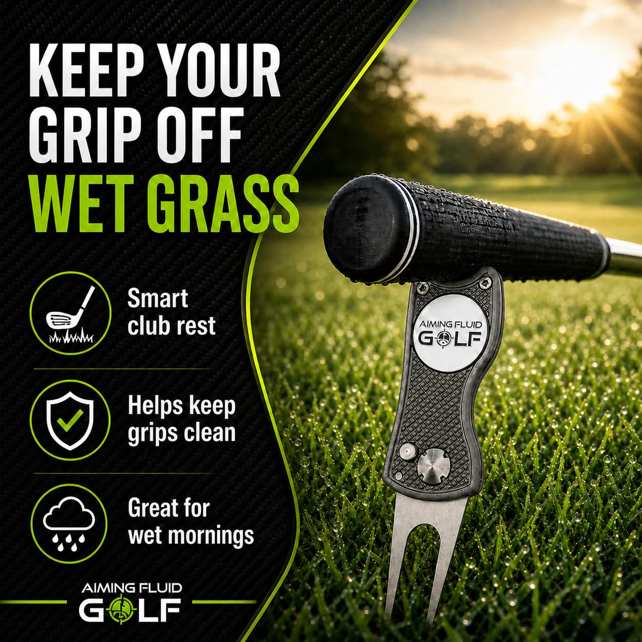 Aiming Fluid Golf using the tool to clean golf club grooves for improved maintenance benefit