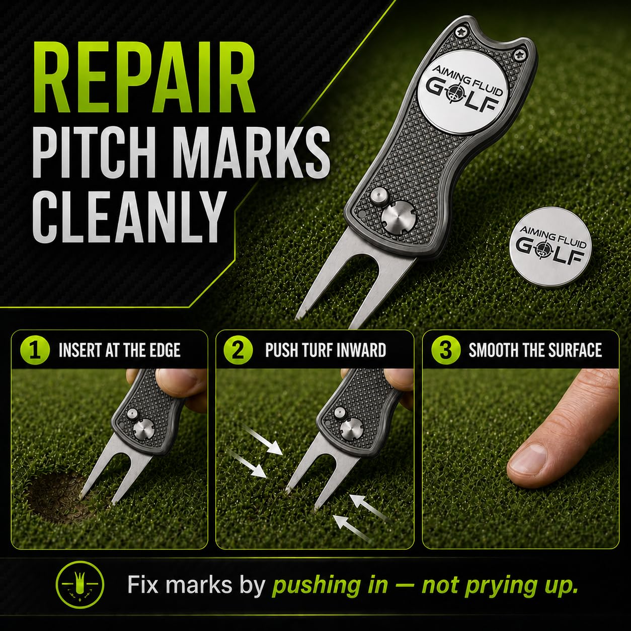 Aiming Fluid Golf repairing a pitch mark on the green demonstrating reliable performance benefit