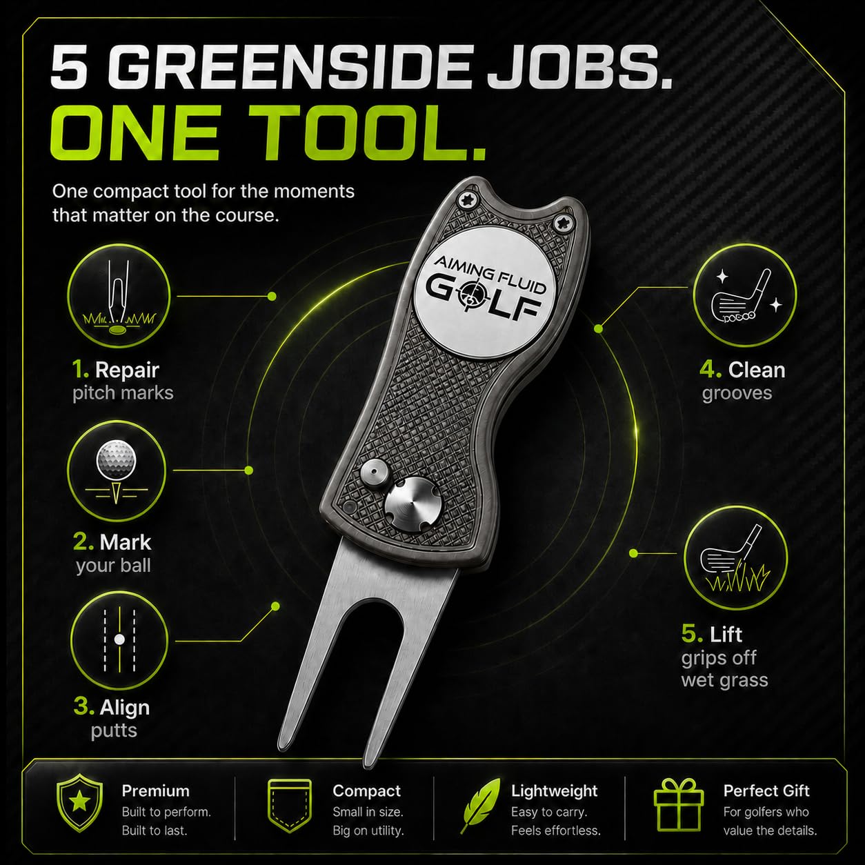 Aiming Fluid Golf open switchblade with stainless steel prongs for precise greens repair benefit