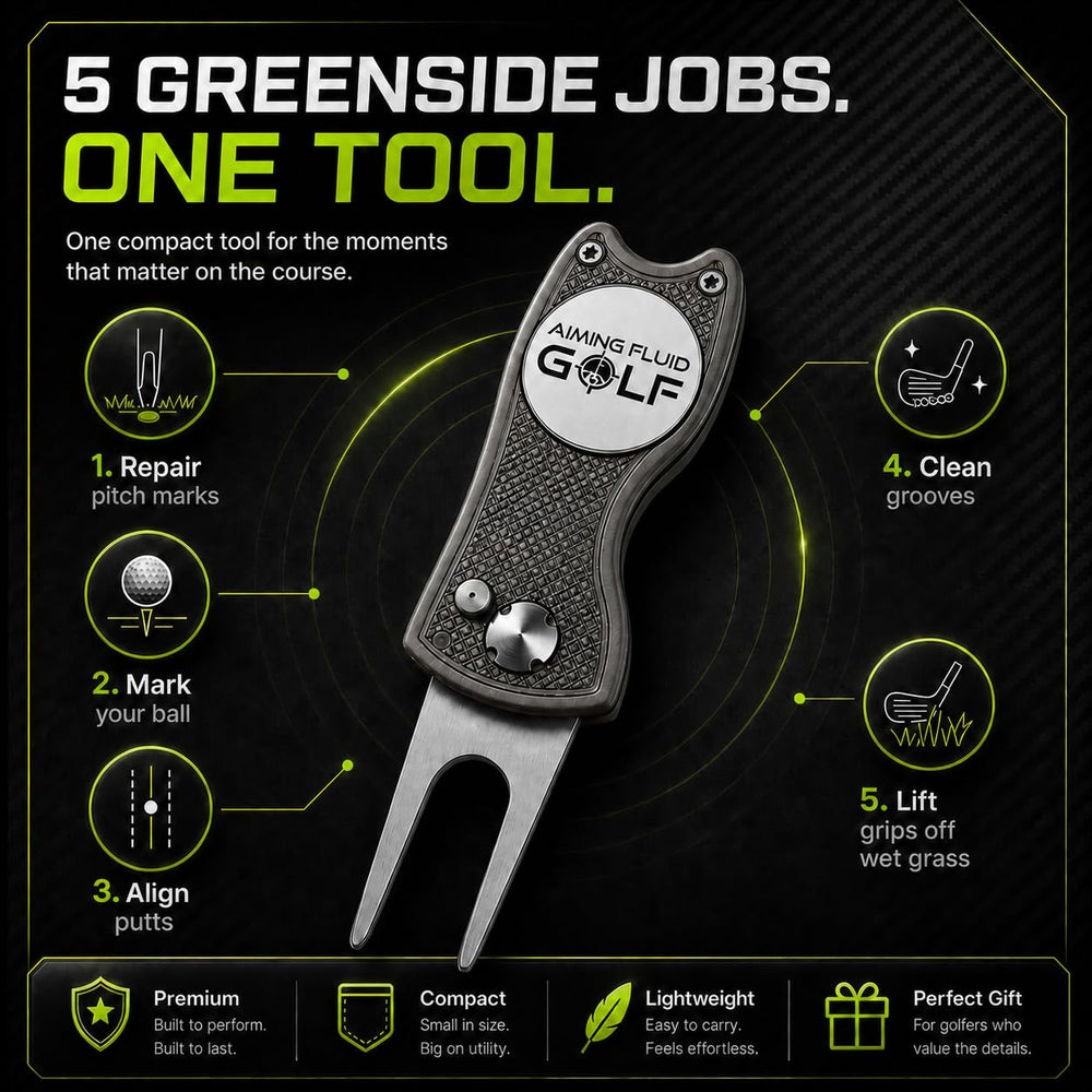 Aiming Fluid Golf open switchblade with stainless steel prongs for precise greens repair benefit